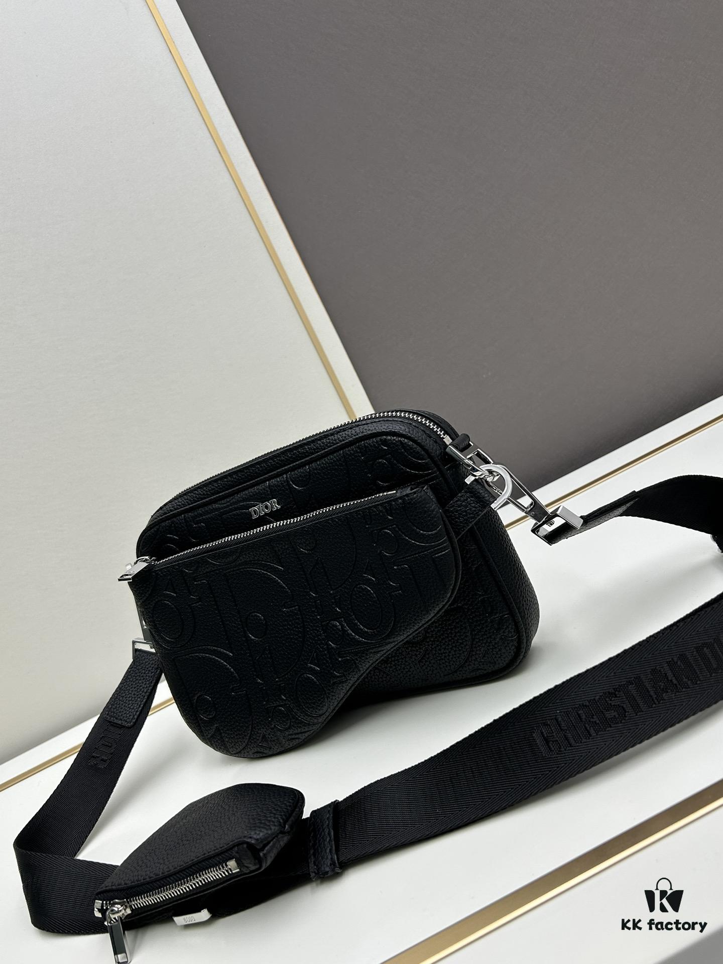 Saddle Three-Piece Bag Set in Black Oblique Embossed Fabric