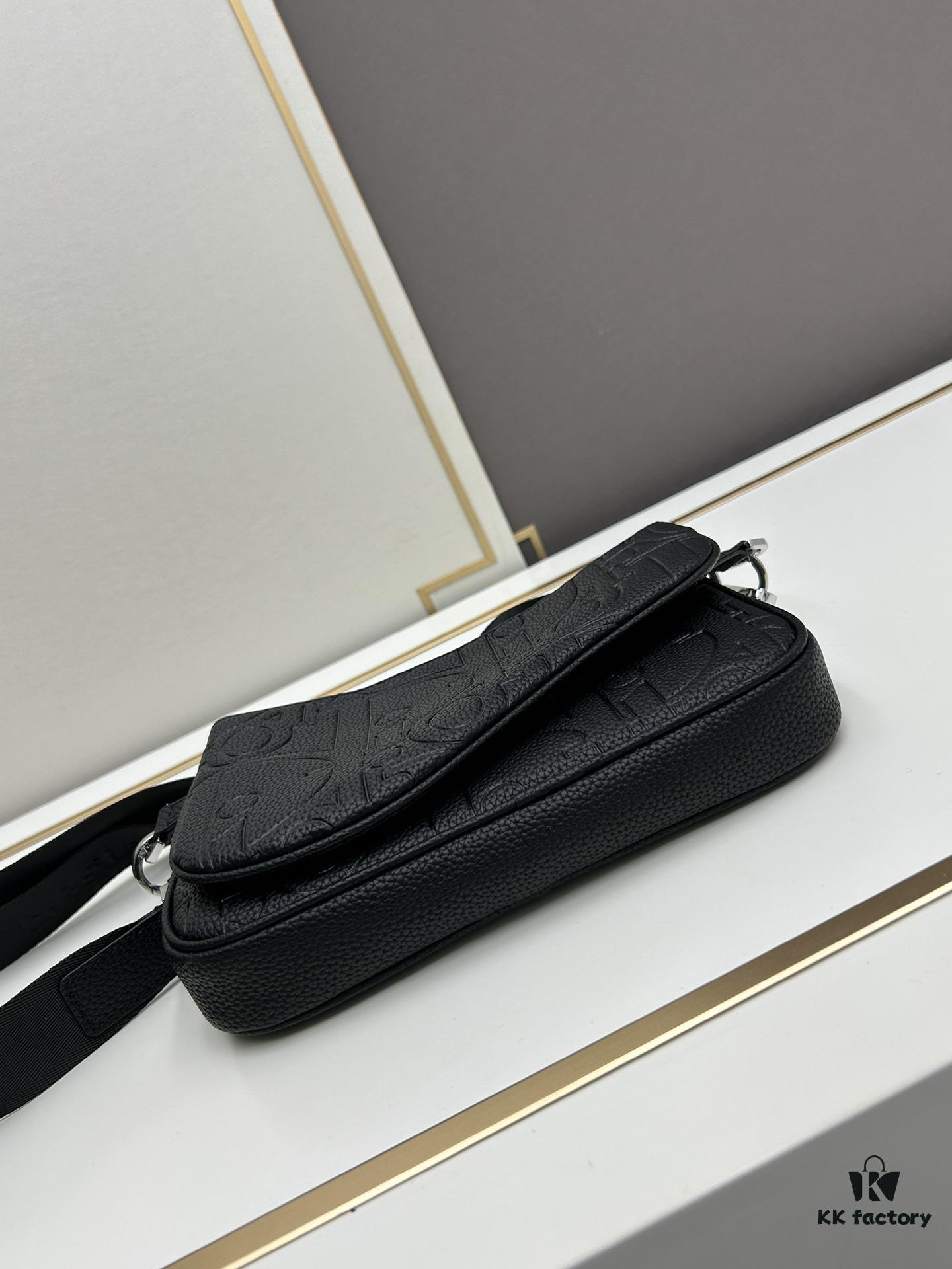 Saddle Three-Piece Bag Set in Black Oblique Embossed Fabric