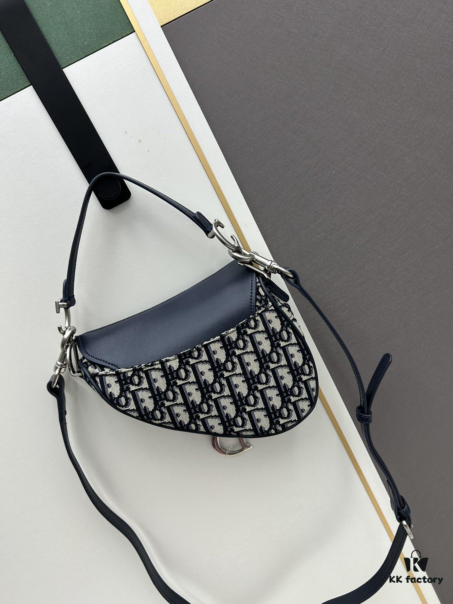 Small Blue Dior Saddle Bag with Box, New Model Silver Buckle