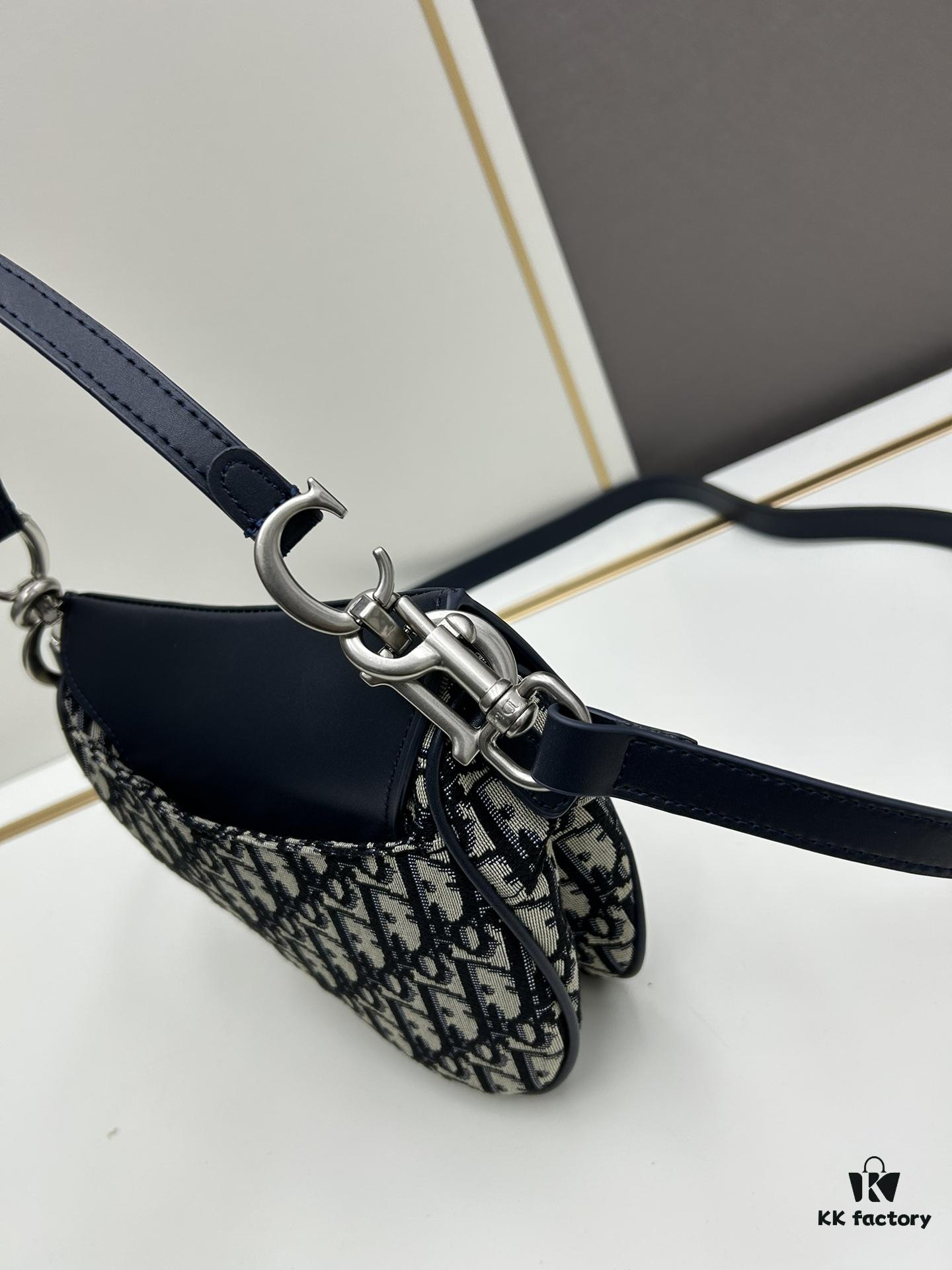 Small Blue Dior Saddle Bag with Box, New Model Silver Buckle