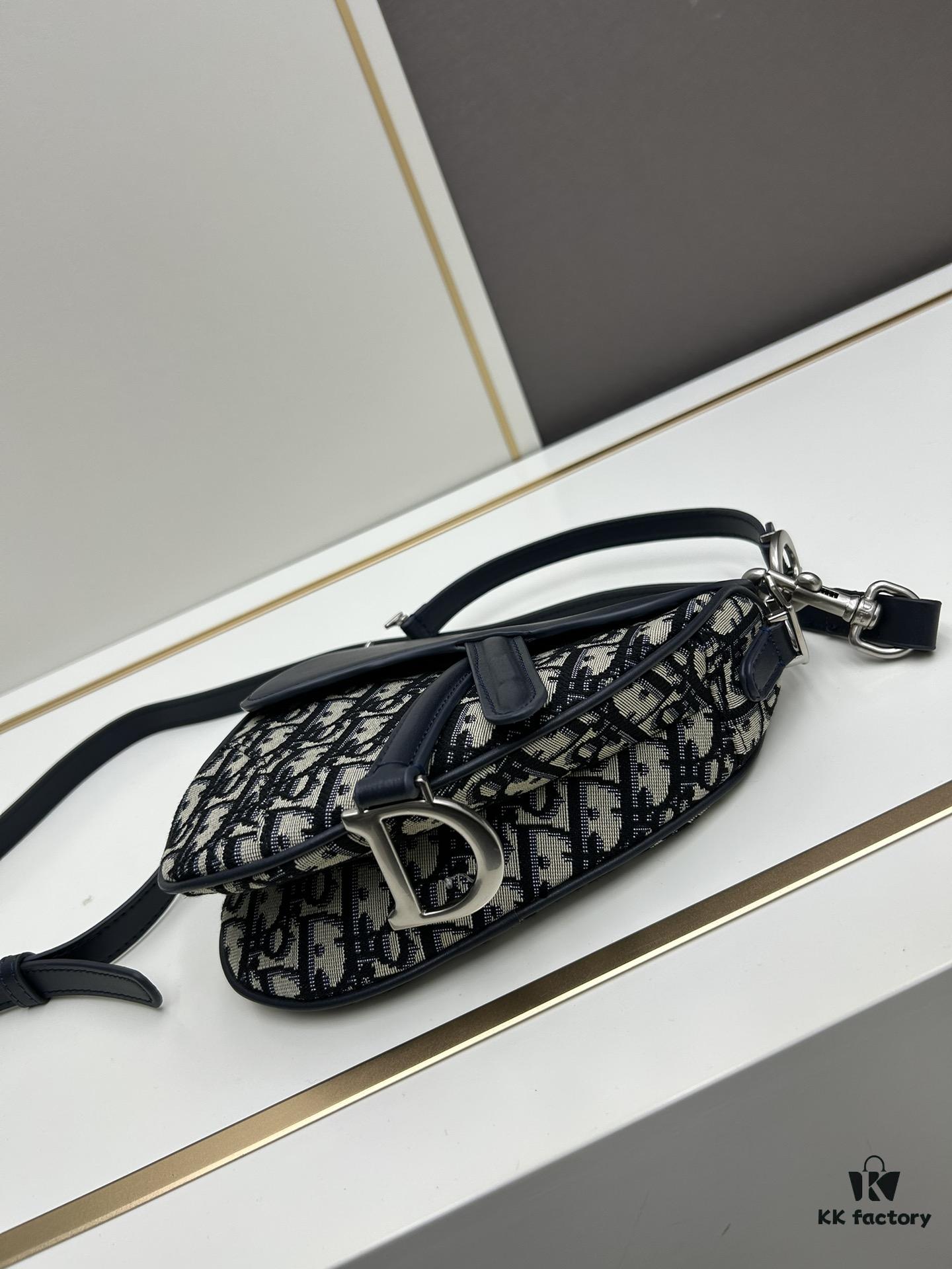 Small Blue Dior Saddle Bag with Box, New Model Silver Buckle