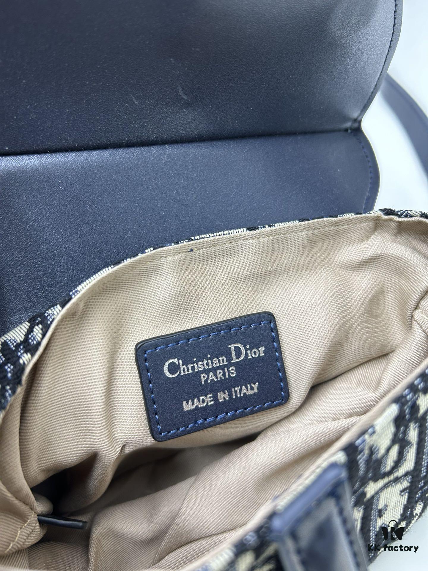 Small Blue Dior Saddle Bag with Box, New Model Silver Buckle