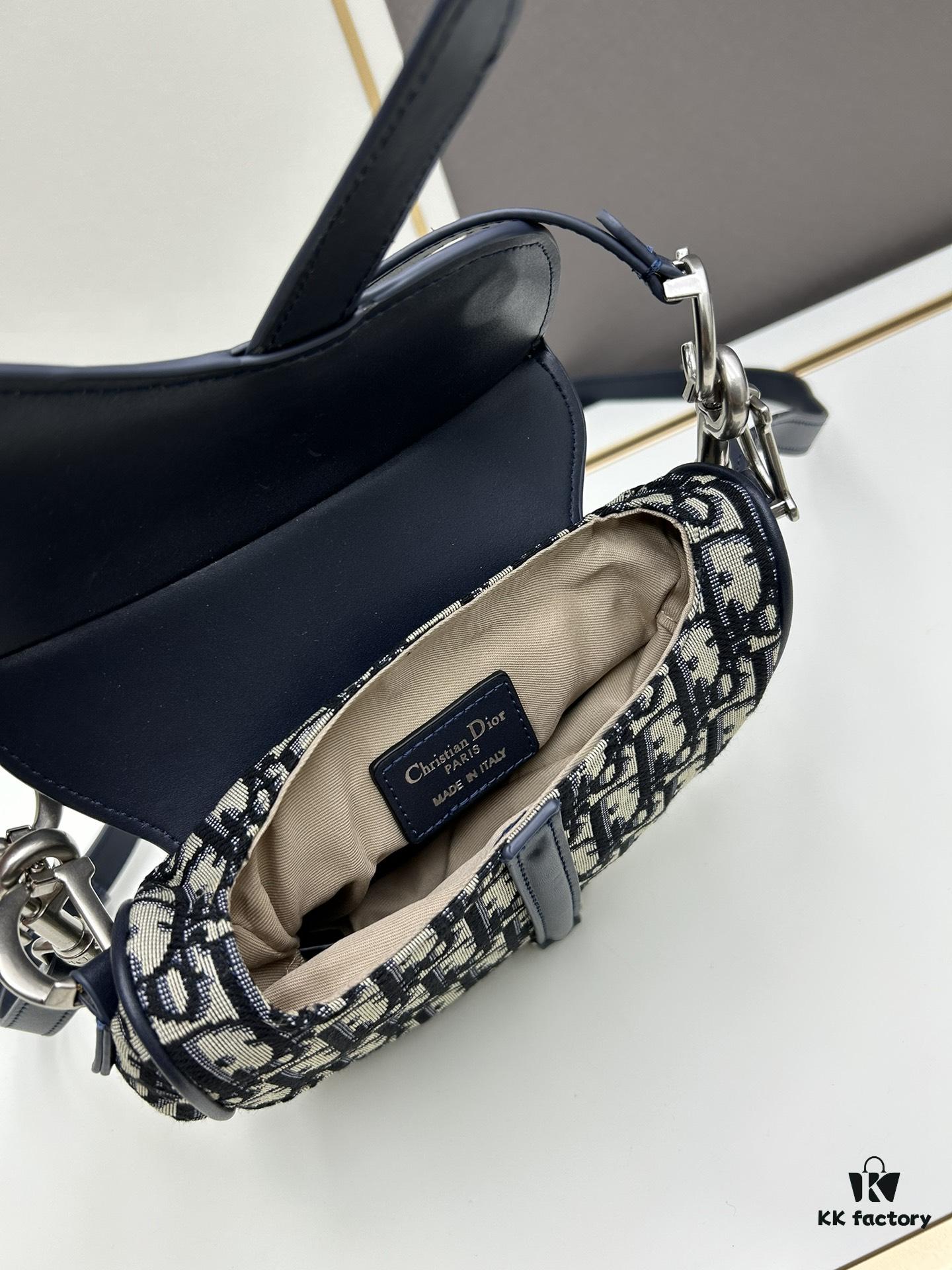 Small Blue Dior Saddle Bag with Box, New Model Silver Buckle