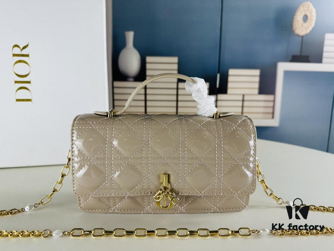 Lacquered Leather Lady Dior Pearl Clutch with Box