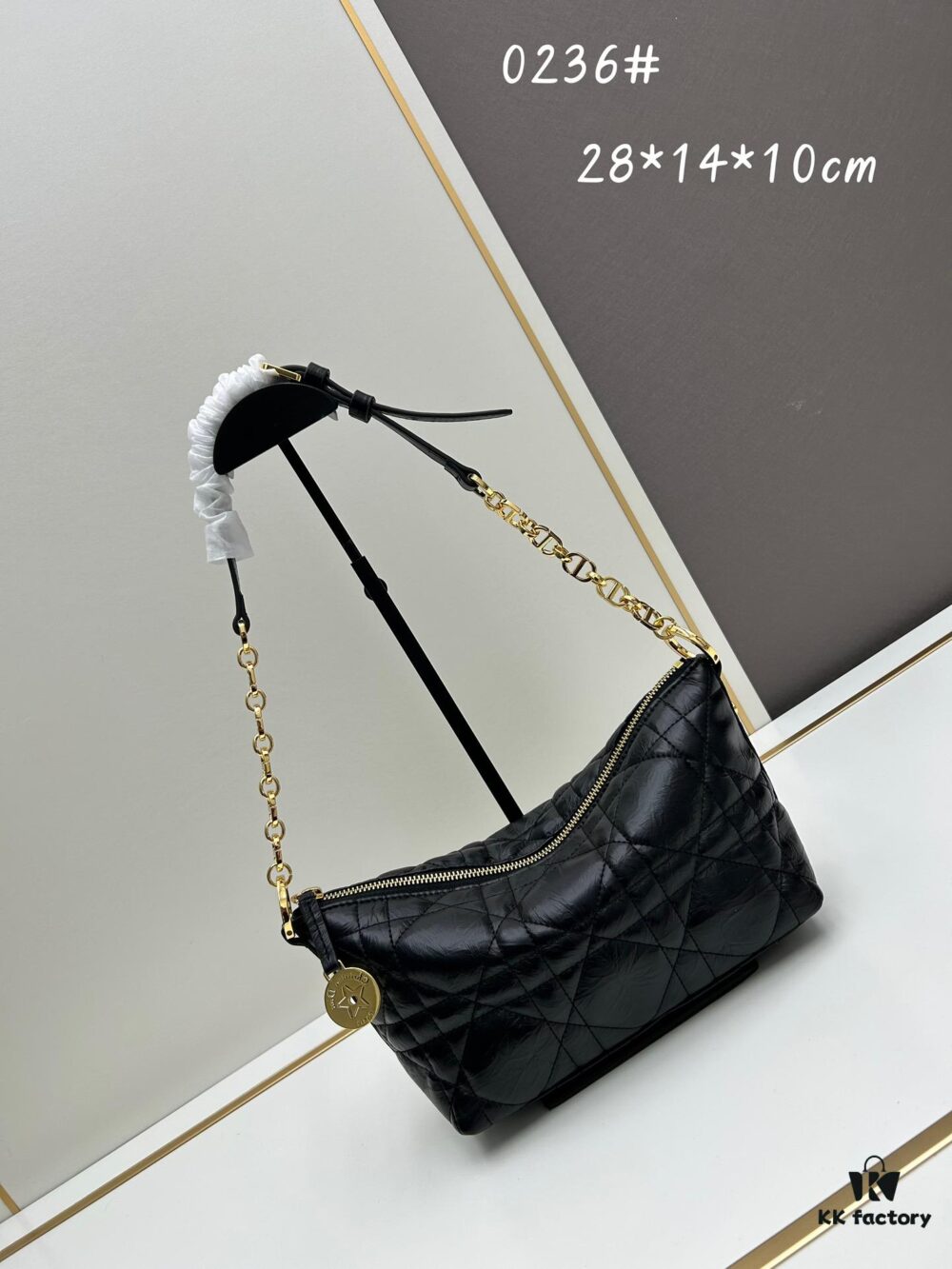 New Diorstar Hobo Chain Bag in Black Pleated Calfskin with Cannage Pattern