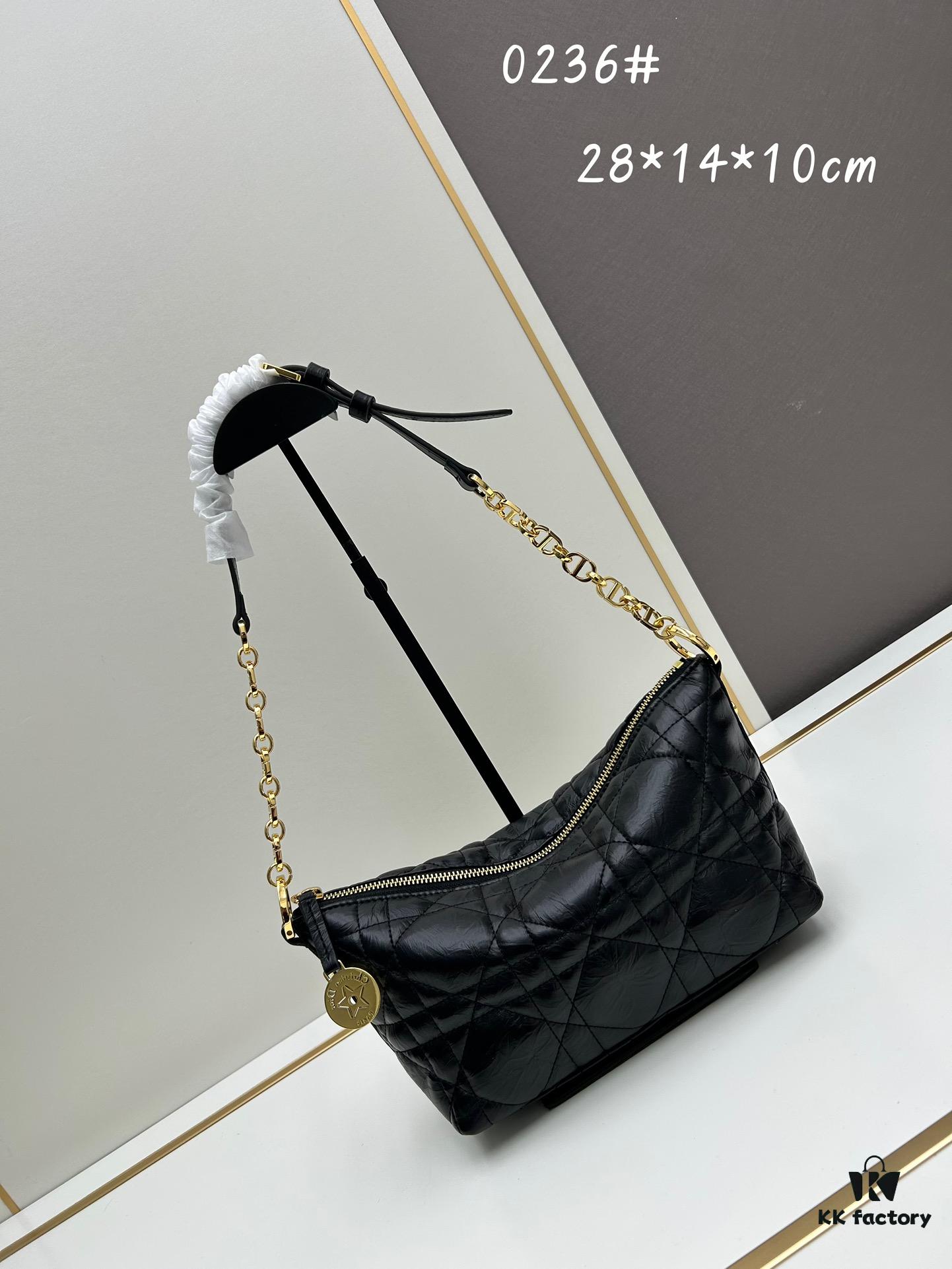 New Diorstar Hobo Chain Bag in Black Pleated Calfskin with Cannage Pattern