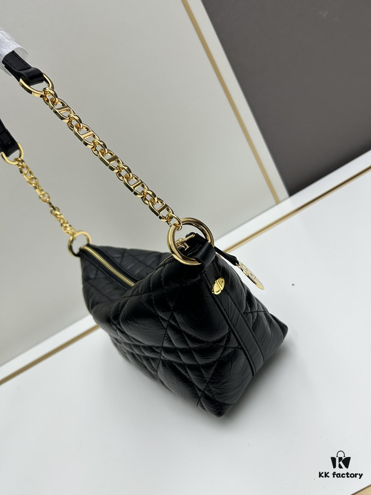 New Diorstar Hobo Chain Bag in Black Pleated Calfskin with Cannage Pattern