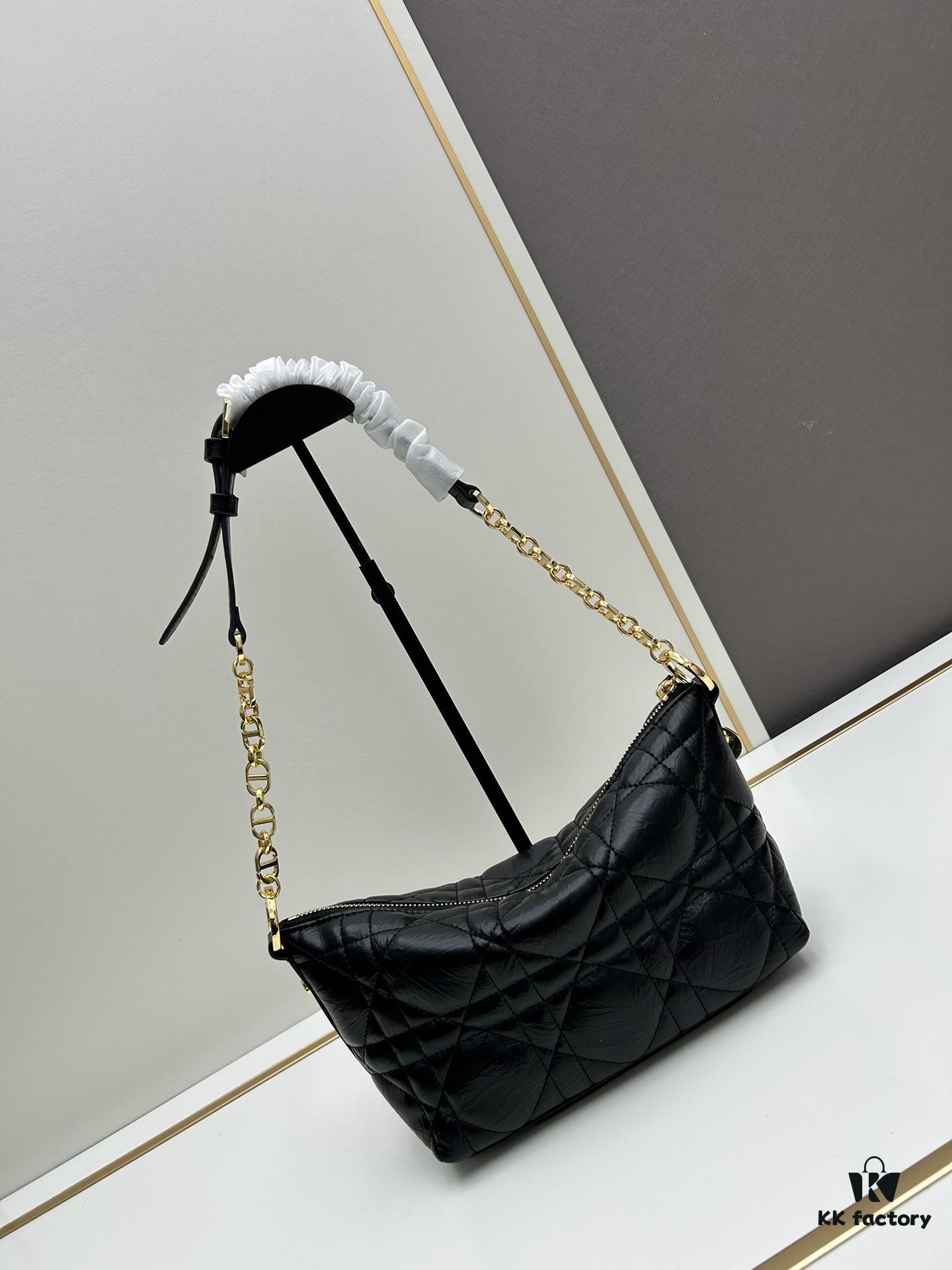New Diorstar Hobo Chain Bag in Black Pleated Calfskin with Cannage Pattern
