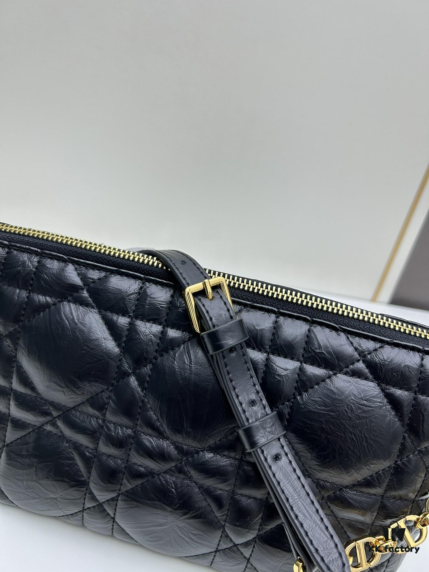 New Diorstar Hobo Chain Bag in Black Pleated Calfskin with Cannage Pattern