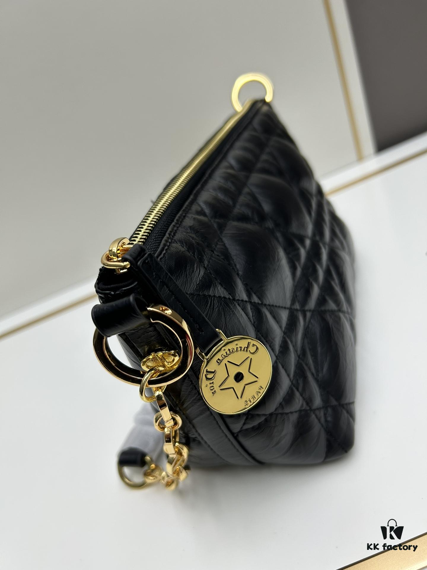 New Diorstar Hobo Chain Bag in Black Pleated Calfskin with Cannage Pattern