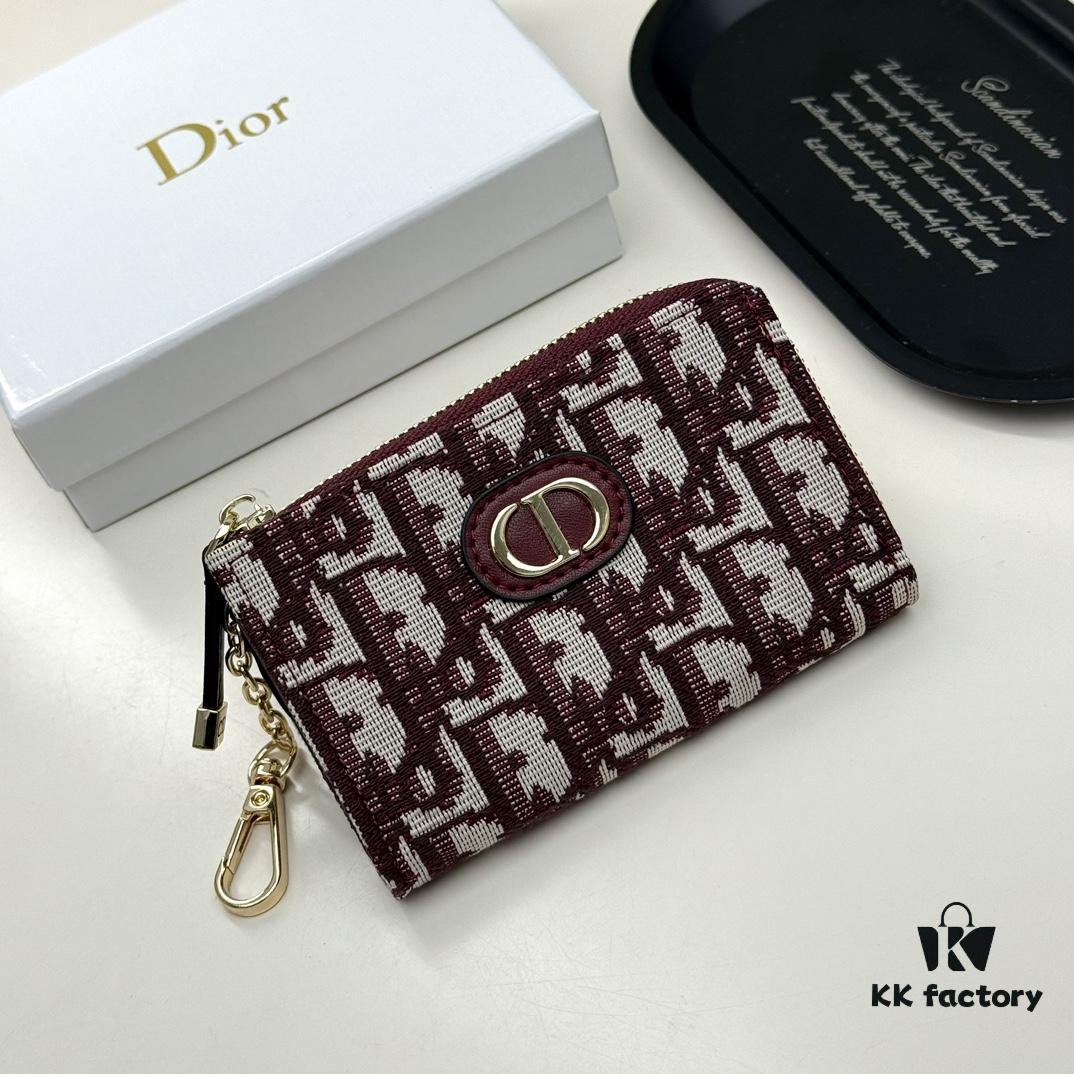 Dior 4779 Black and Burgundy Oblique Jacquard Canvas Wallet with Blue Calfskin Details