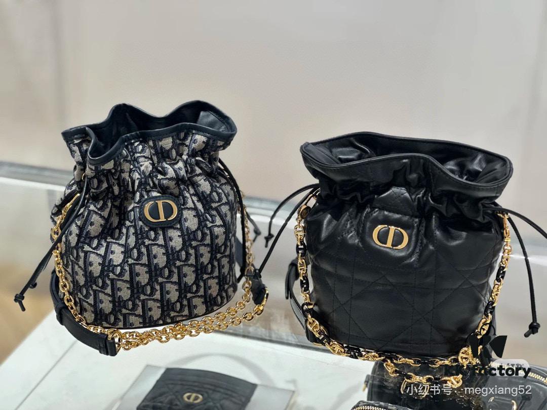 Dior Jolie Bucket Bag in Black Calfskin with Cannage Stitching, 2025 New Arrival