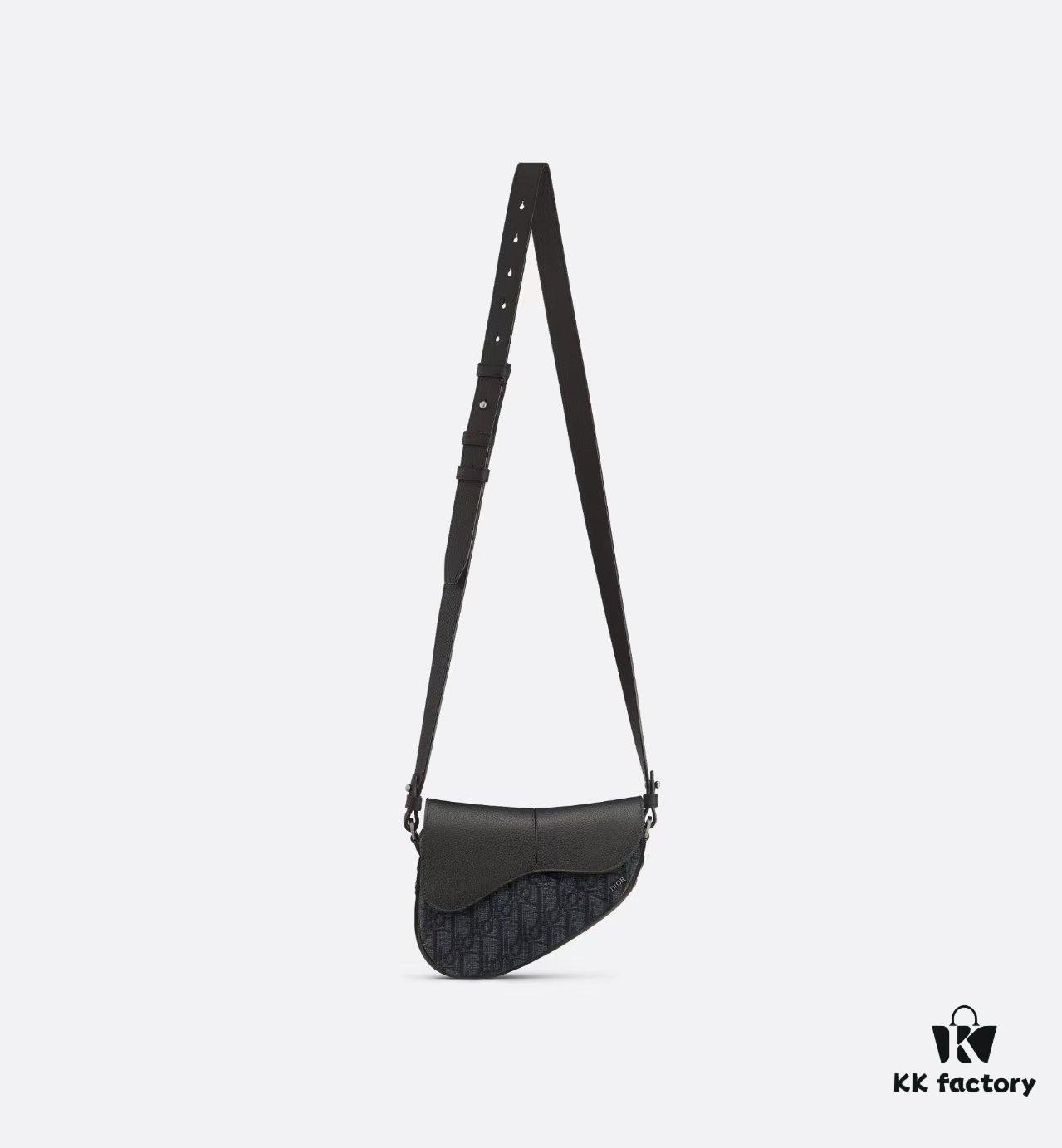 This saddle bag reinterprets the classic design with a modern structure. Crafted from beige and black Oblique printed fabric, it features a signature black grained cowhide magnetic flap and a concealed zip closure. The interior includes a large compartment and slip pockets for daily essentials. The mini style comes with an adjustable, detachable leather shoulder strap, allowing for handheld, shoulder, or crossbody wear.