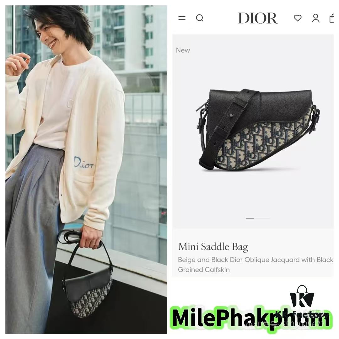 This saddle bag reinterprets the classic design with a modern structure. Crafted from beige and black Oblique printed fabric, it features a signature black grained cowhide magnetic flap and a concealed zip closure. The interior includes a large compartment and slip pockets for daily essentials. The mini style comes with an adjustable, detachable leather shoulder strap, allowing for handheld, shoulder, or crossbody wear.