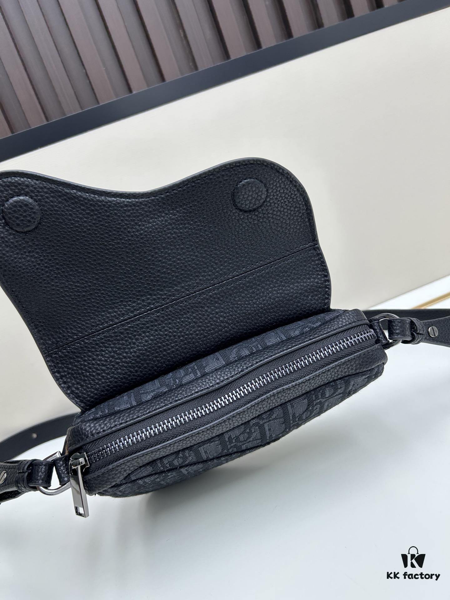 This saddle bag reinterprets the classic design with a modern structure. Crafted from beige and black Oblique printed fabric, it features a signature black grained calfskin magnetic flap and a concealed zip closure. The interior includes a large compartment and slip pockets for organizing daily essentials. This mini style comes with an adjustable and detachable leather shoulder strap, allowing for versatile wear as a handheld, shoulder, or crossbody bag.