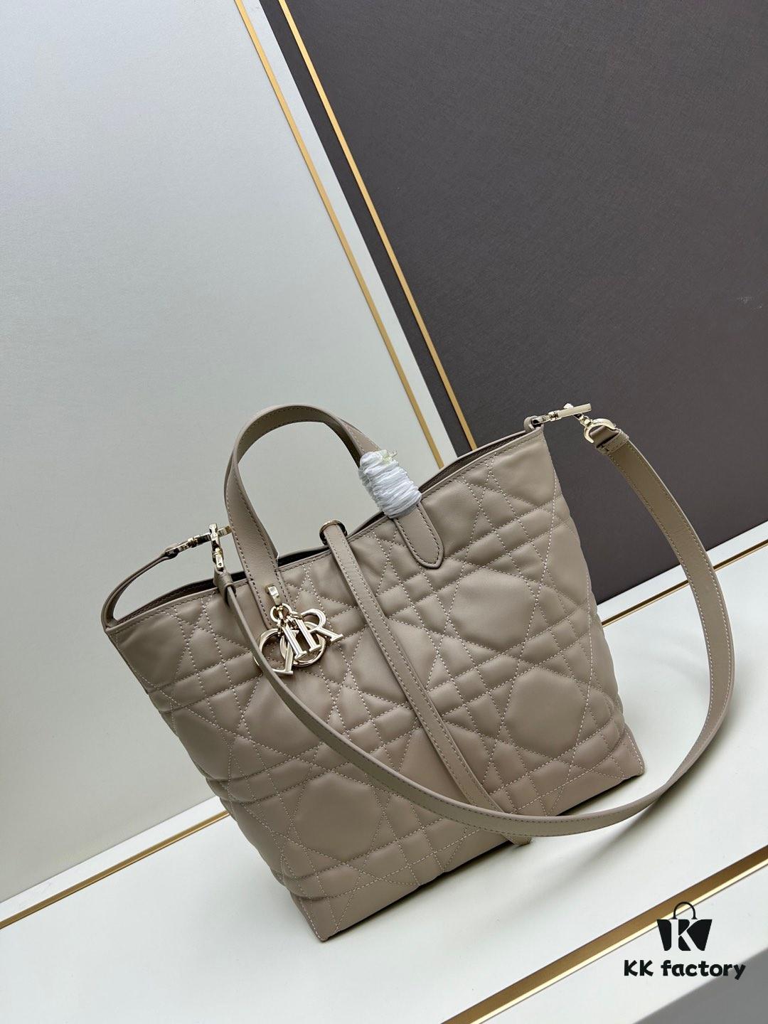 Medium and Small Dior Toujours Vertical Handbag in Soft Raspberry Beige Calfskin with Cannage Stitching