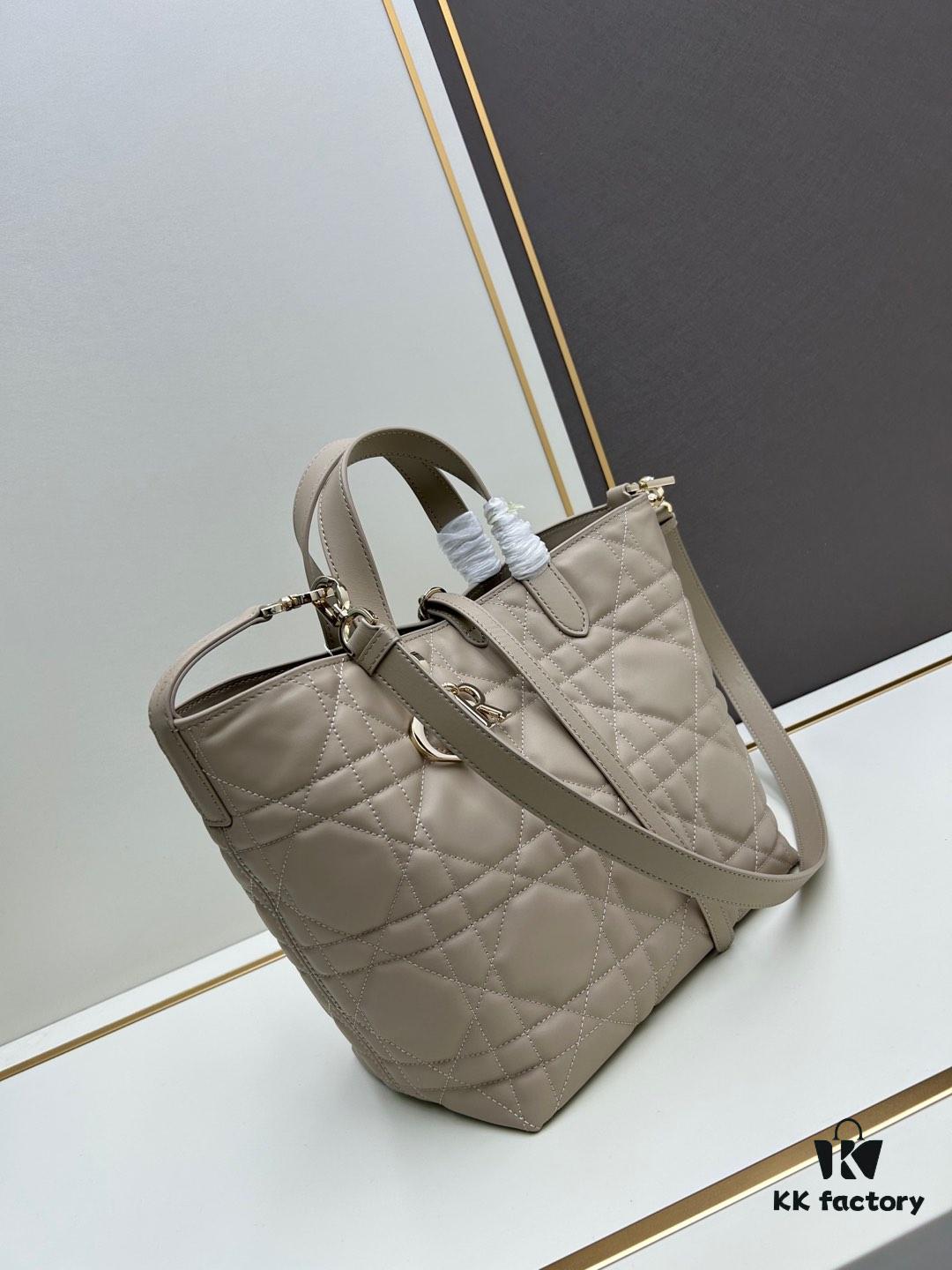 Medium and Small Dior Toujours Vertical Handbag in Soft Raspberry Beige Calfskin with Cannage Stitching