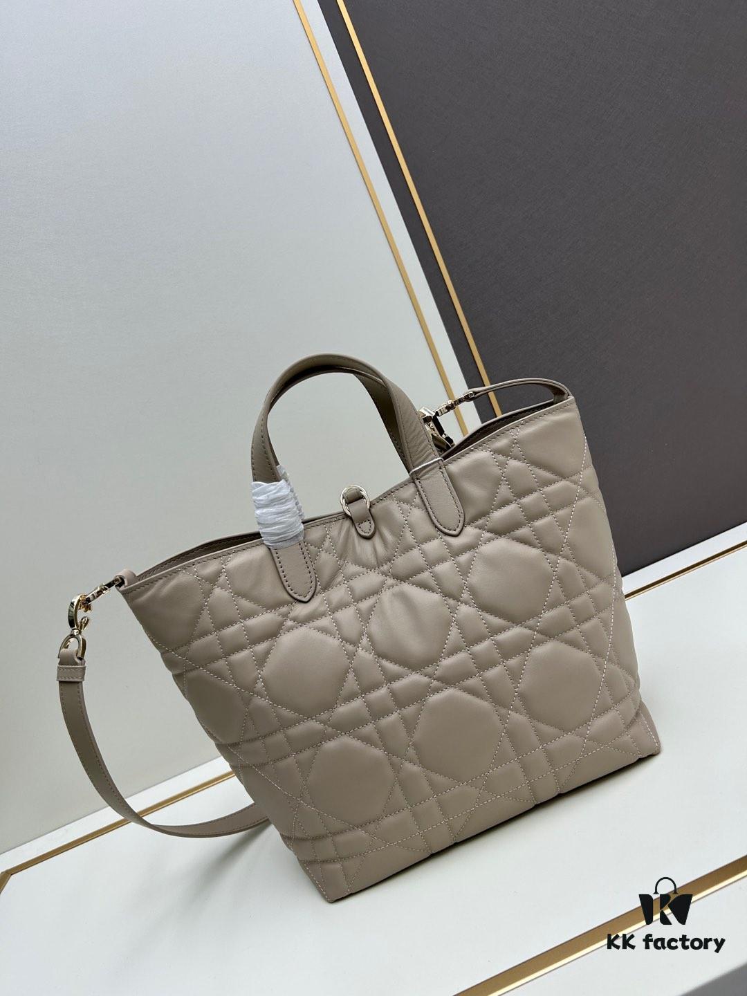 Medium and Small Dior Toujours Vertical Handbag in Soft Raspberry Beige Calfskin with Cannage Stitching