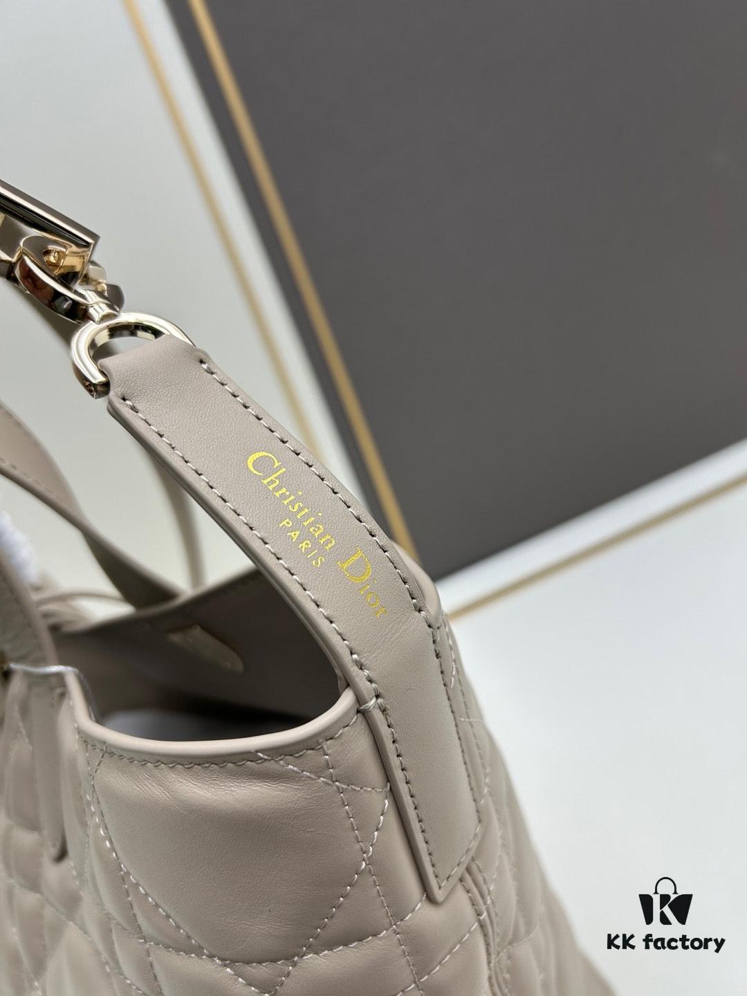 Medium and Small Dior Toujours Vertical Handbag in Soft Raspberry Beige Calfskin with Cannage Stitching