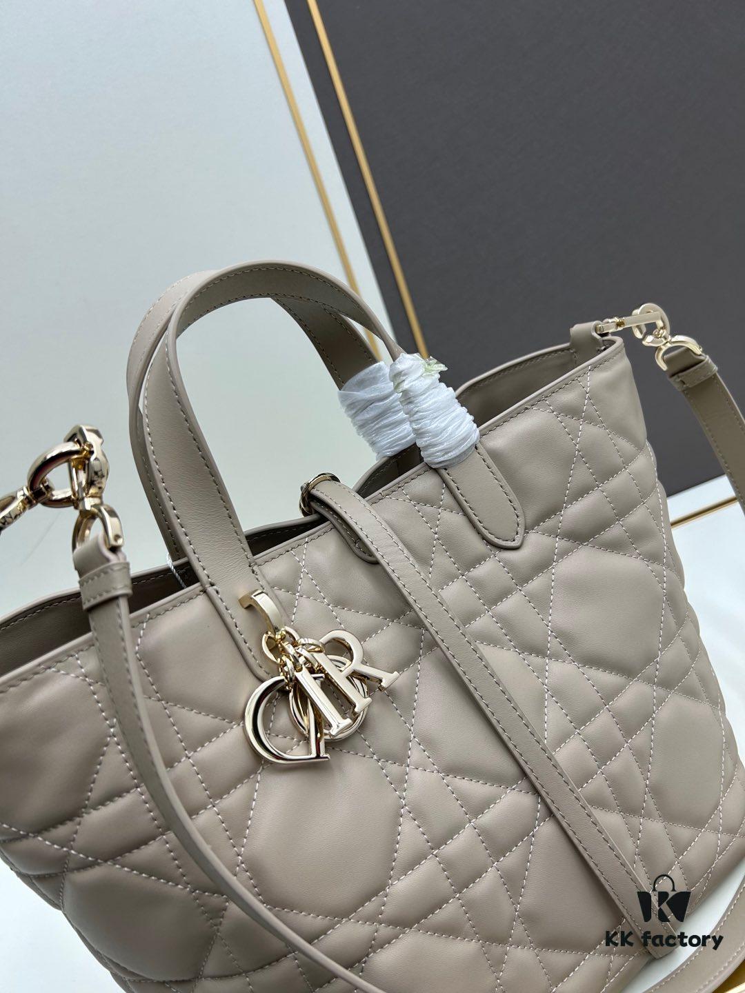 Medium and Small Dior Toujours Vertical Handbag in Soft Raspberry Beige Calfskin with Cannage Stitching