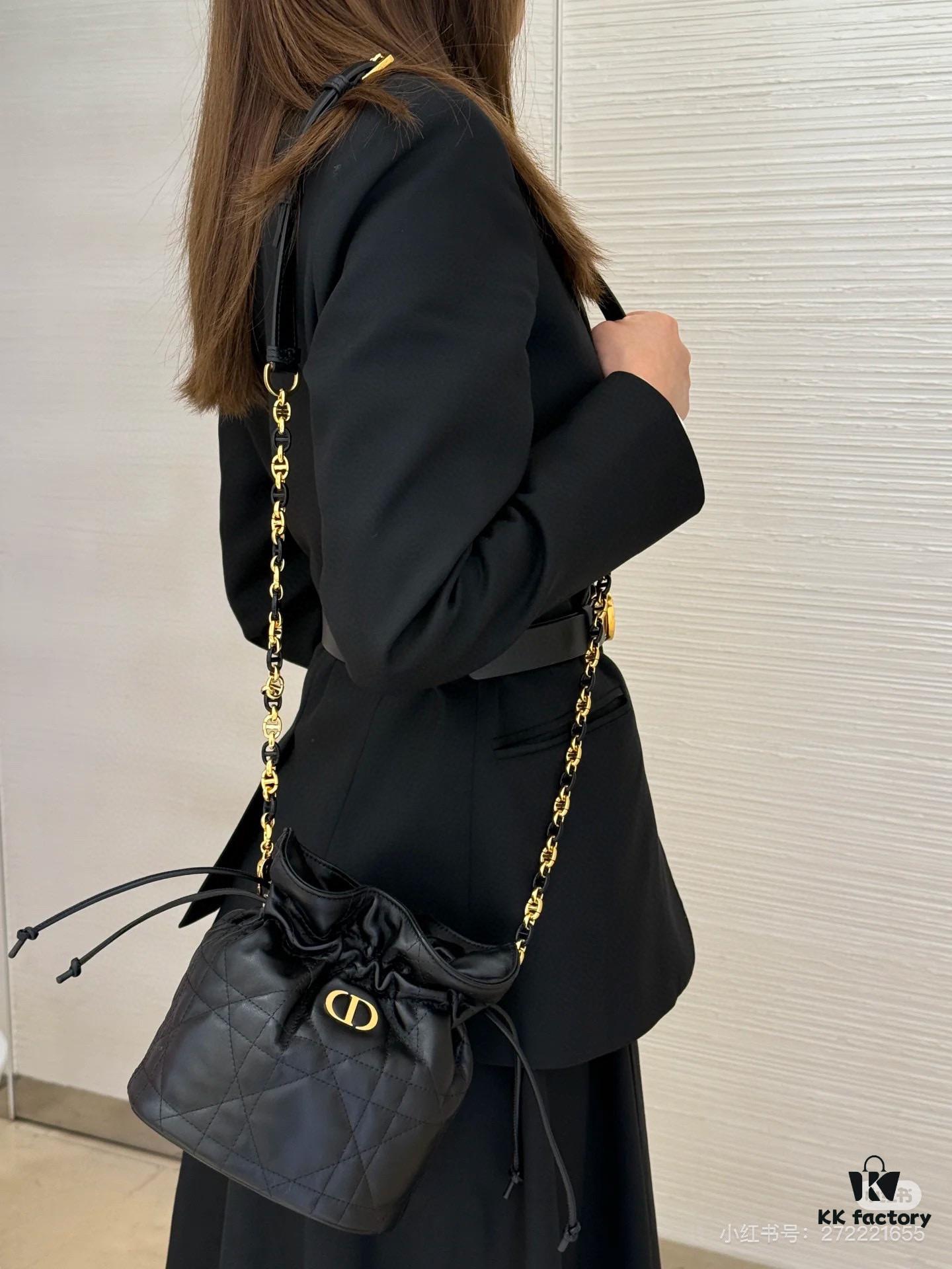 Dior Jolie Bucket Bag in Black Calfskin with Cannage Stitching, 2025 New Arrival