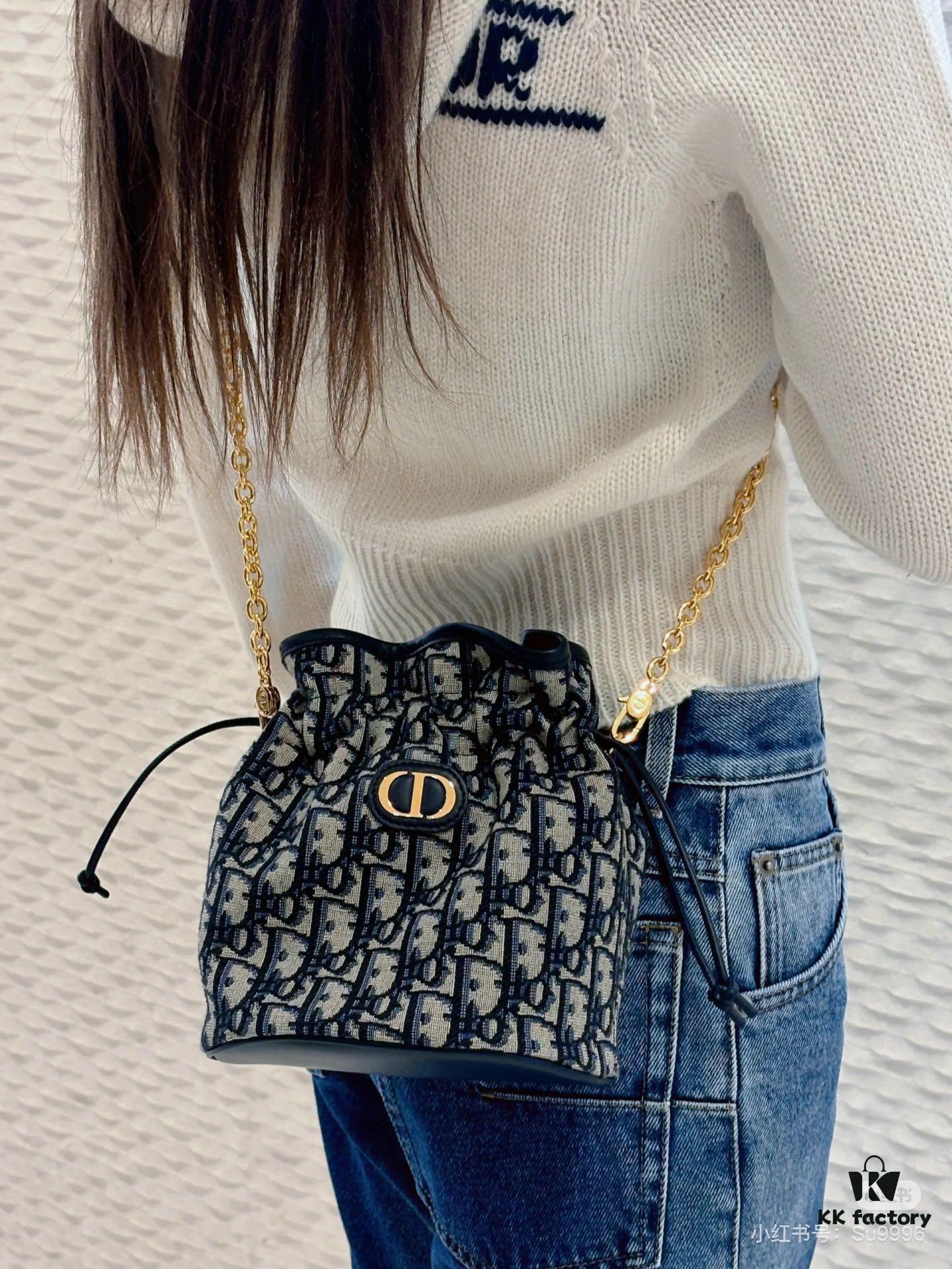 Dior Jolie Bucket Bag in Black Calfskin with Cannage Stitching, 2025 New Arrival