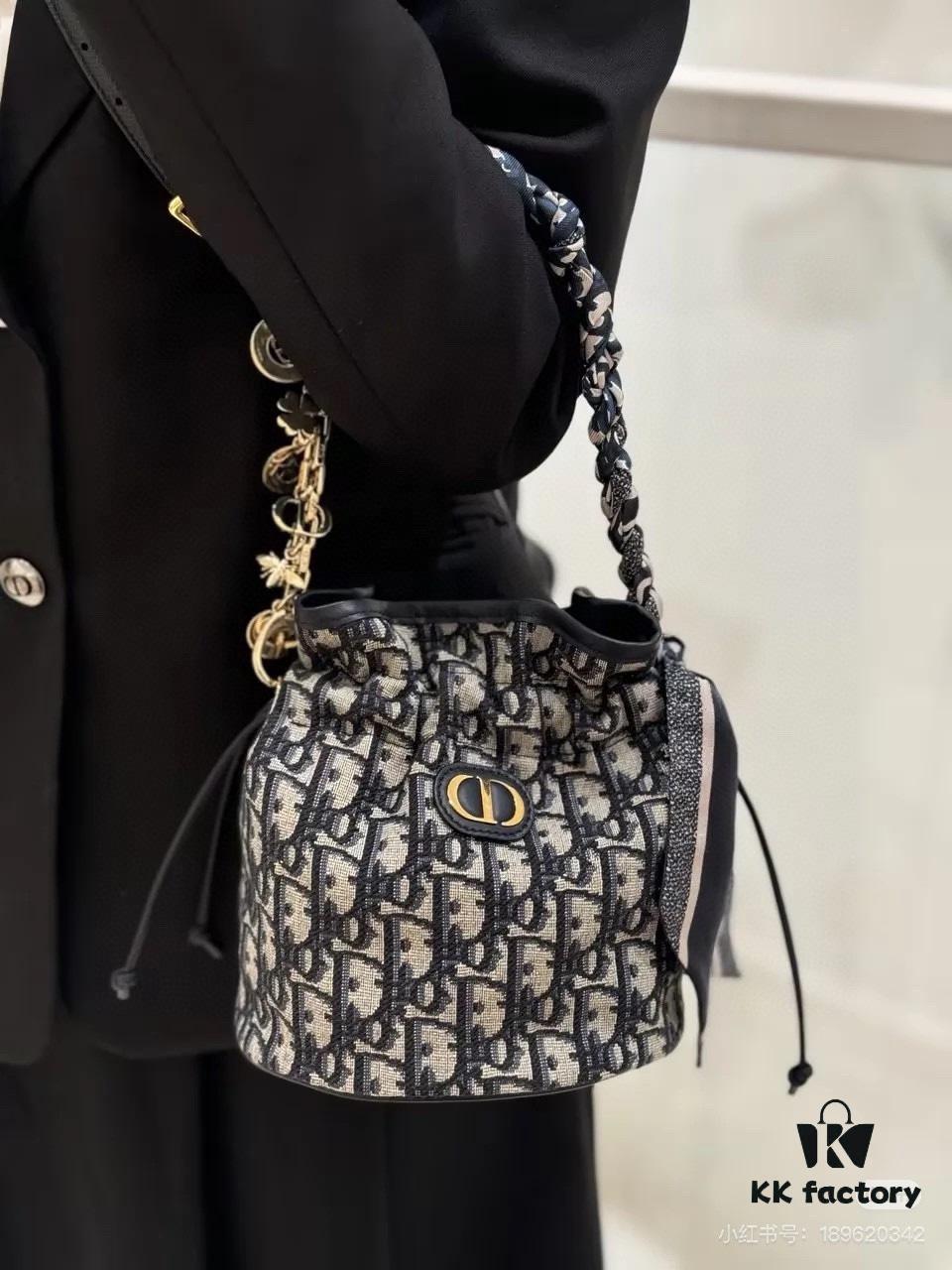 Dior Jolie Bucket Bag in Black Calfskin with Cannage Stitching, 2025 New Arrival
