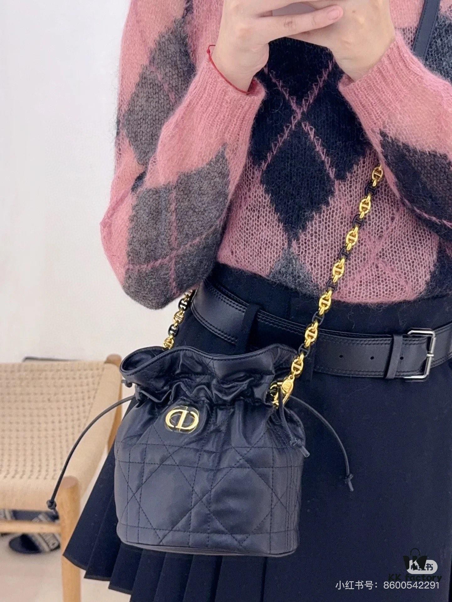 Dior Jolie Bucket Bag in Black Calfskin with Cannage Stitching, 2025 New Arrival