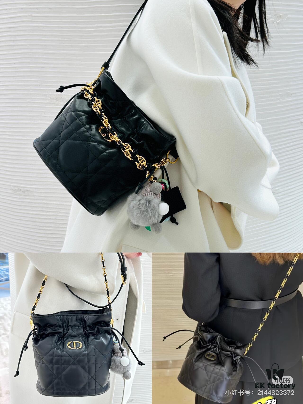 Dior Jolie Bucket Bag in Black Calfskin with Cannage Stitching, 2025 New Arrival