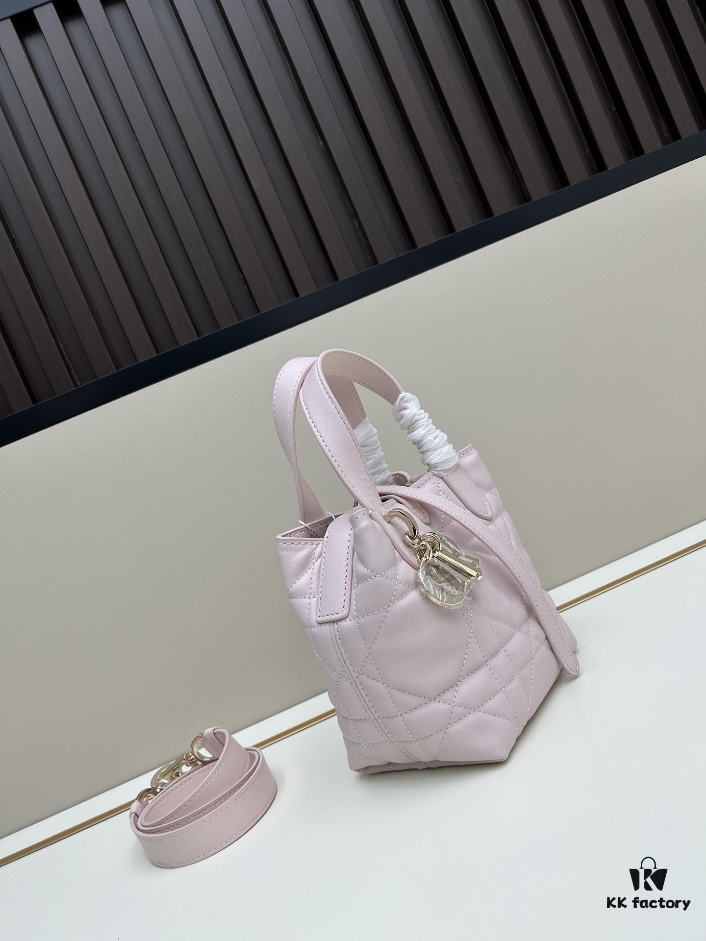 Dior Toujours Vertical Handbag in Blush Beige Calfskin Leather with Quilted Diamond Stitching