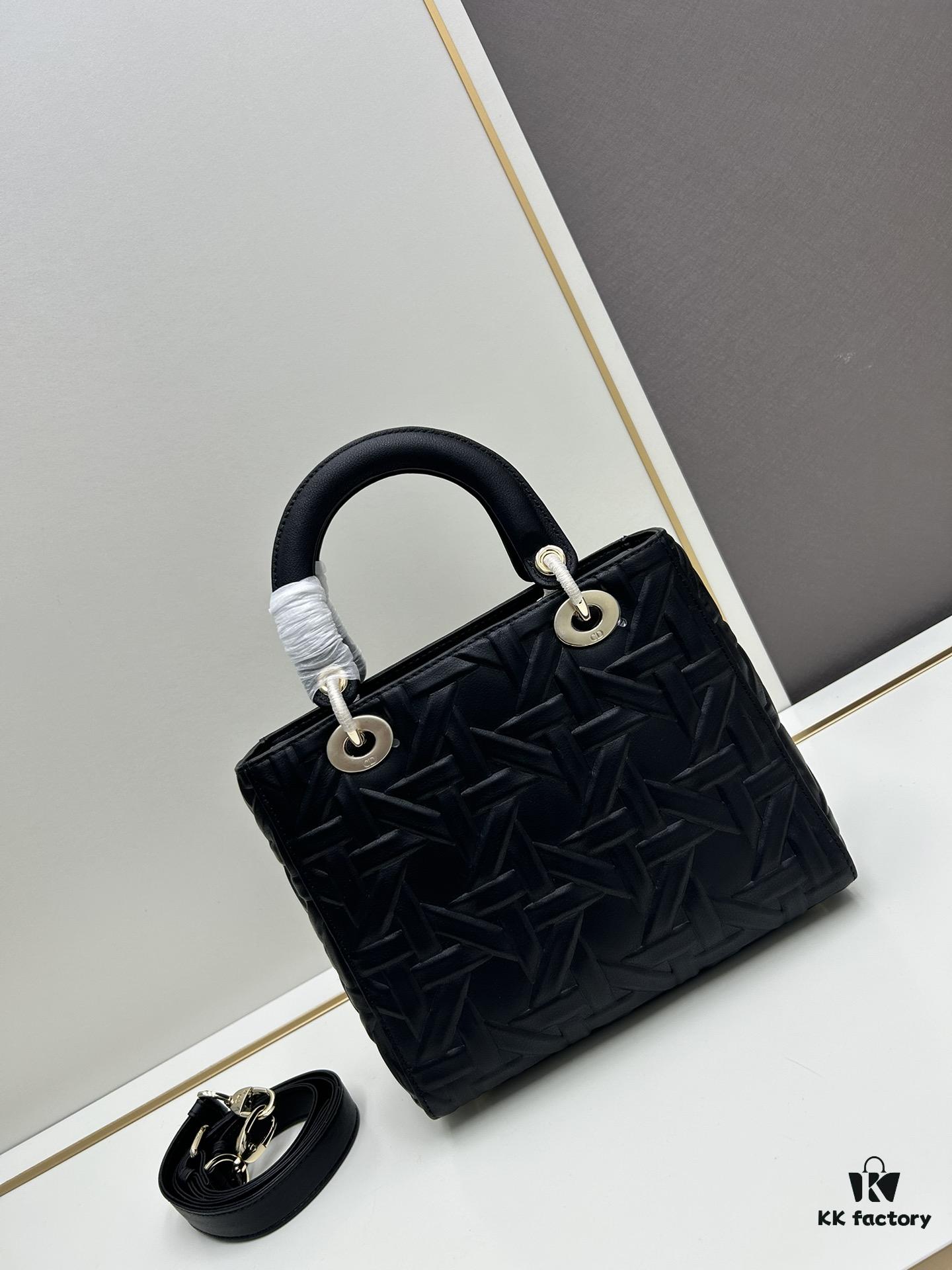 Dior Lady Dior Top-Grade Original Leather Quilted Handbag in Black Embossed Chevron Pattern