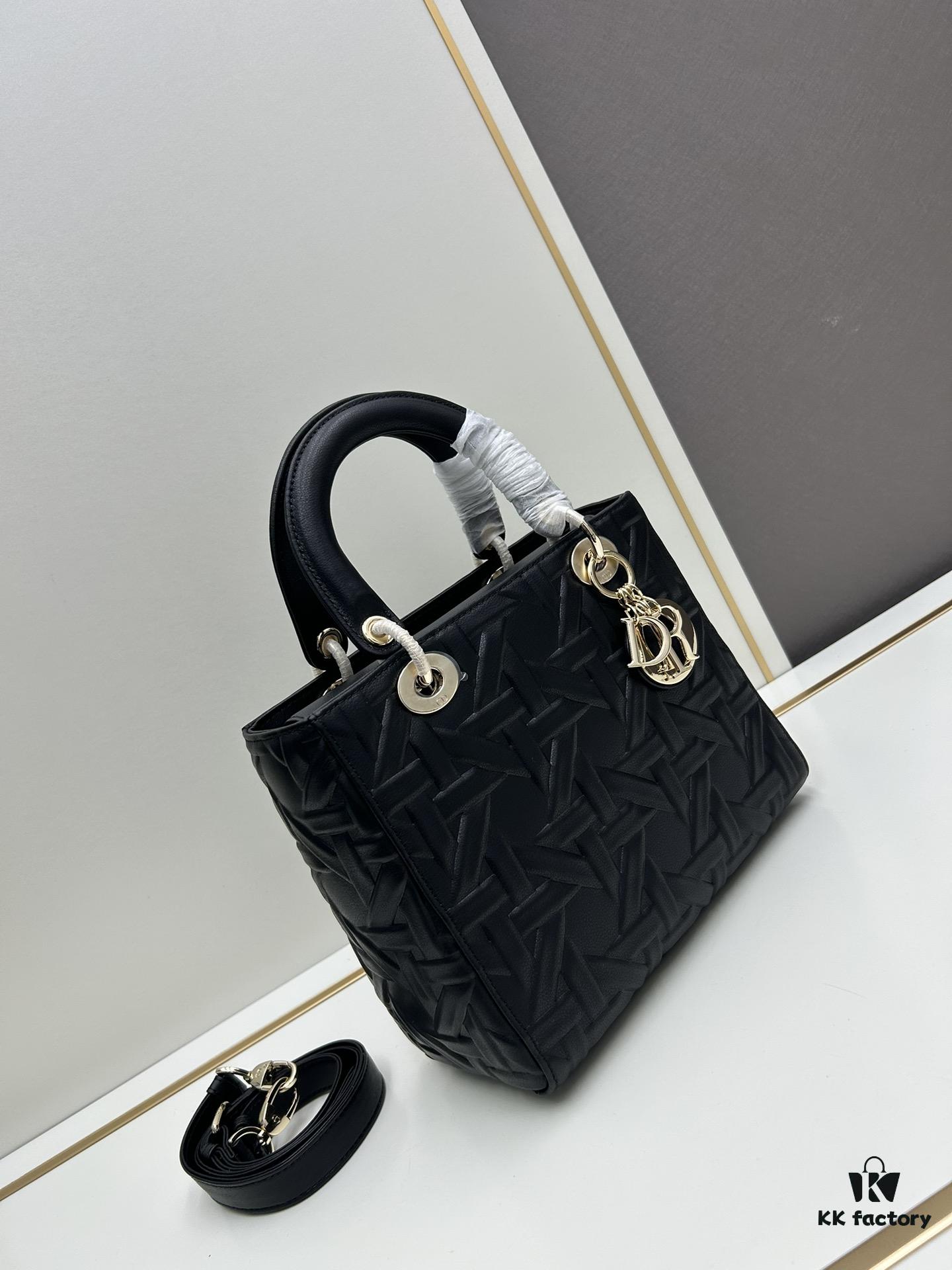 Dior Lady Dior Top-Grade Original Leather Quilted Handbag in Black Embossed Chevron Pattern