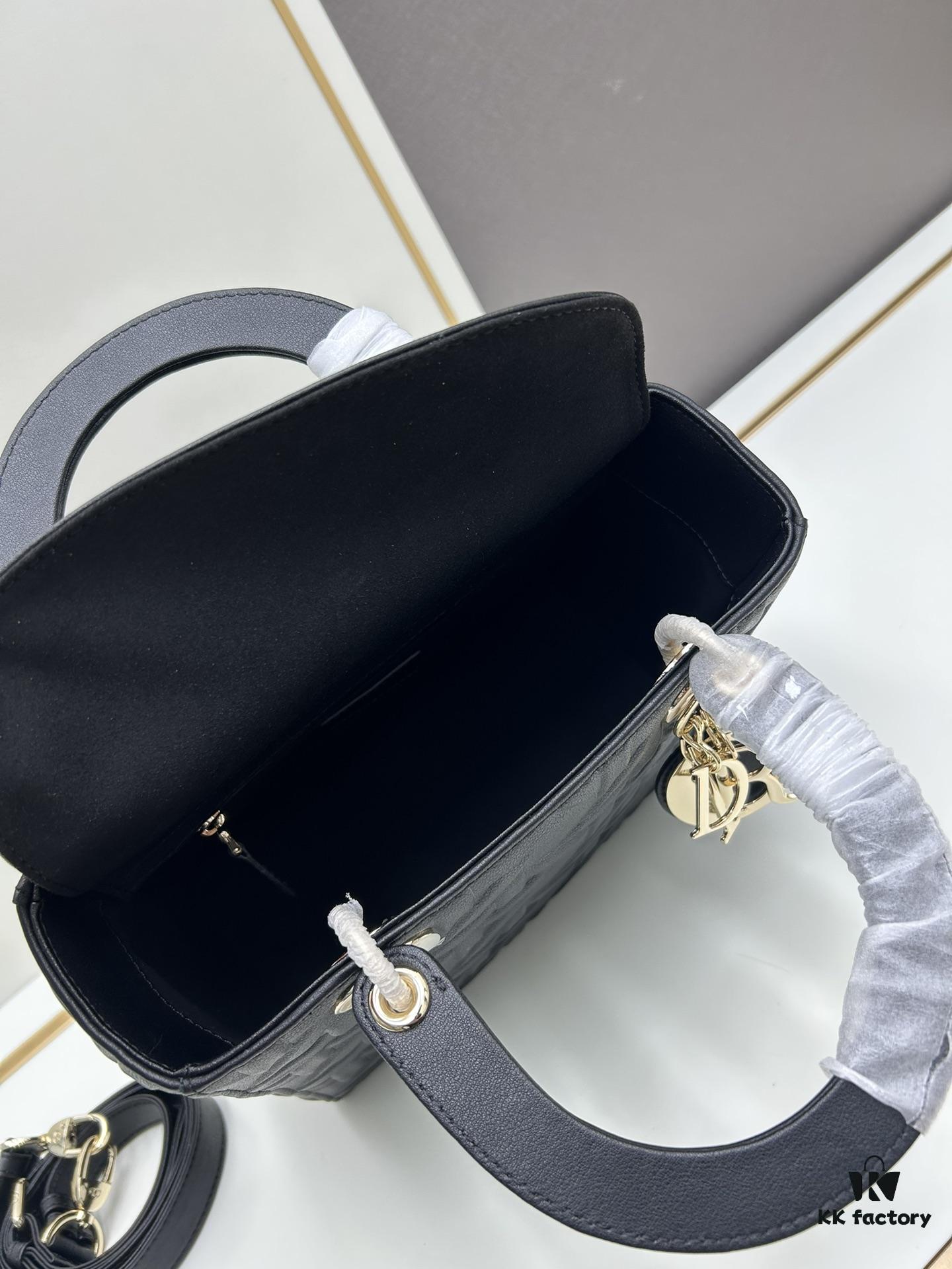 Dior Lady Dior Top-Grade Original Leather Quilted Handbag in Black Embossed Chevron Pattern