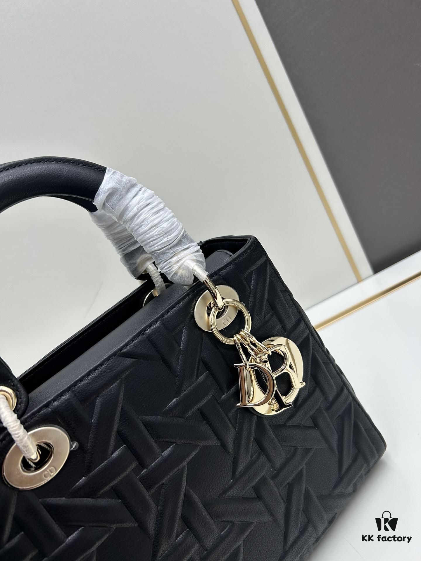 Dior Lady Dior Top-Grade Original Leather Quilted Handbag in Black Embossed Chevron Pattern