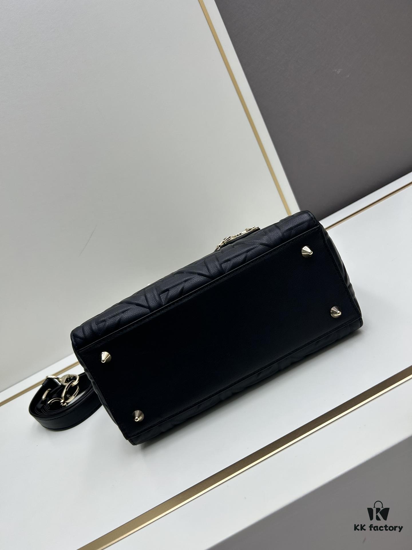 Dior Lady Dior Top-Grade Original Leather Quilted Handbag in Black Embossed Chevron Pattern