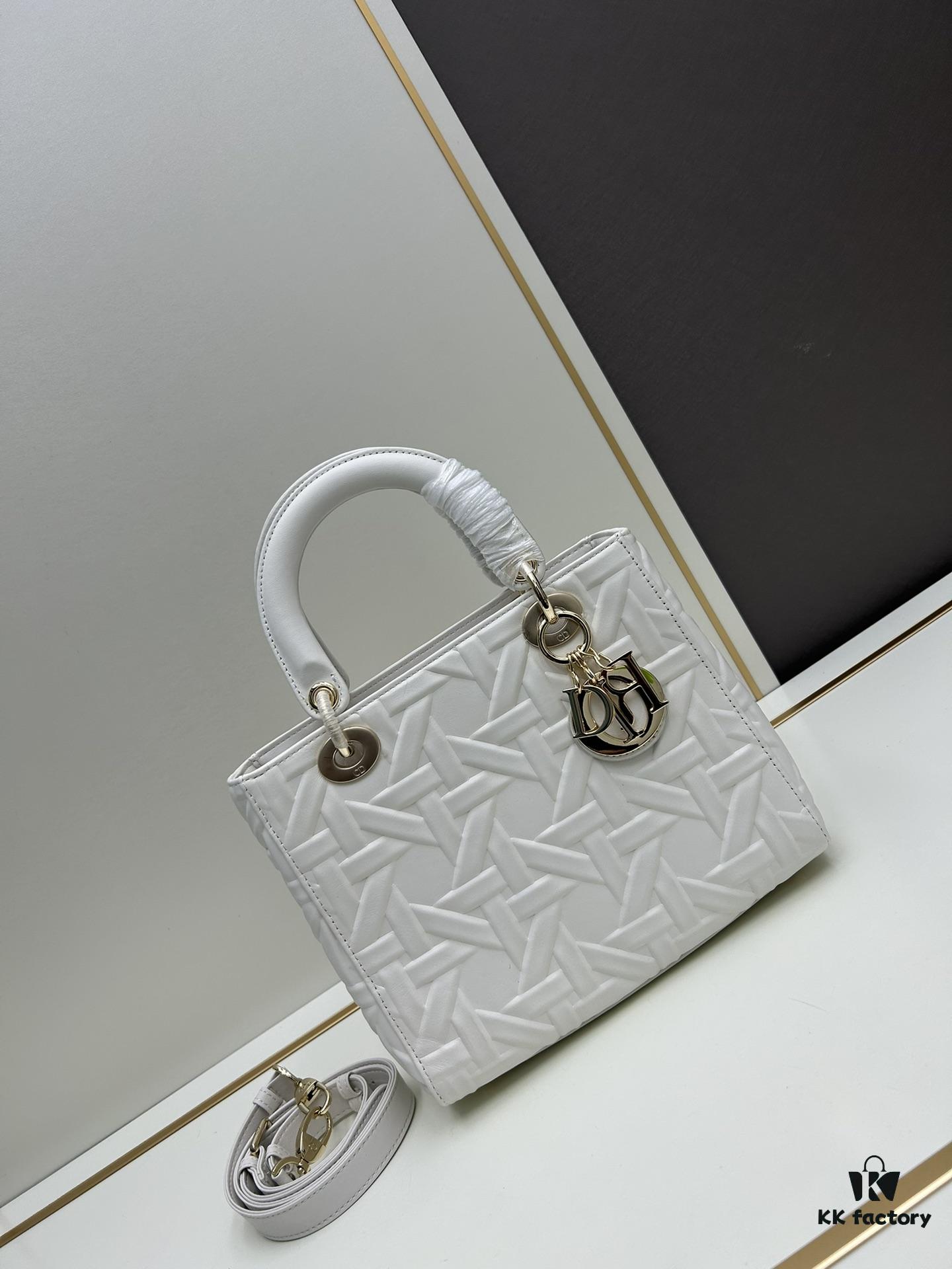 Dior Lady Dior Top-Grade Original Leather Quilted Handbag in Black Embossed Chevron Pattern