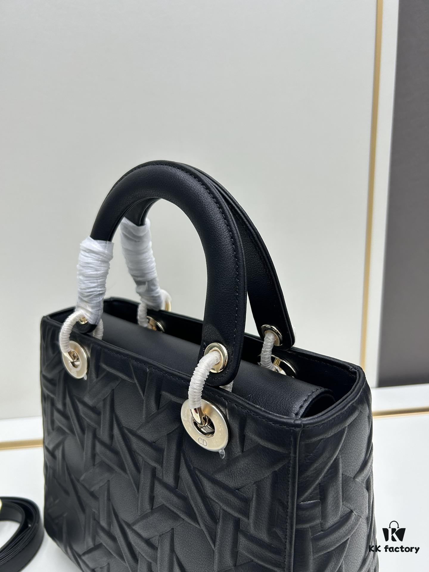 Dior Lady Dior Top-Grade Original Leather Quilted Handbag in Black Embossed Chevron Pattern
