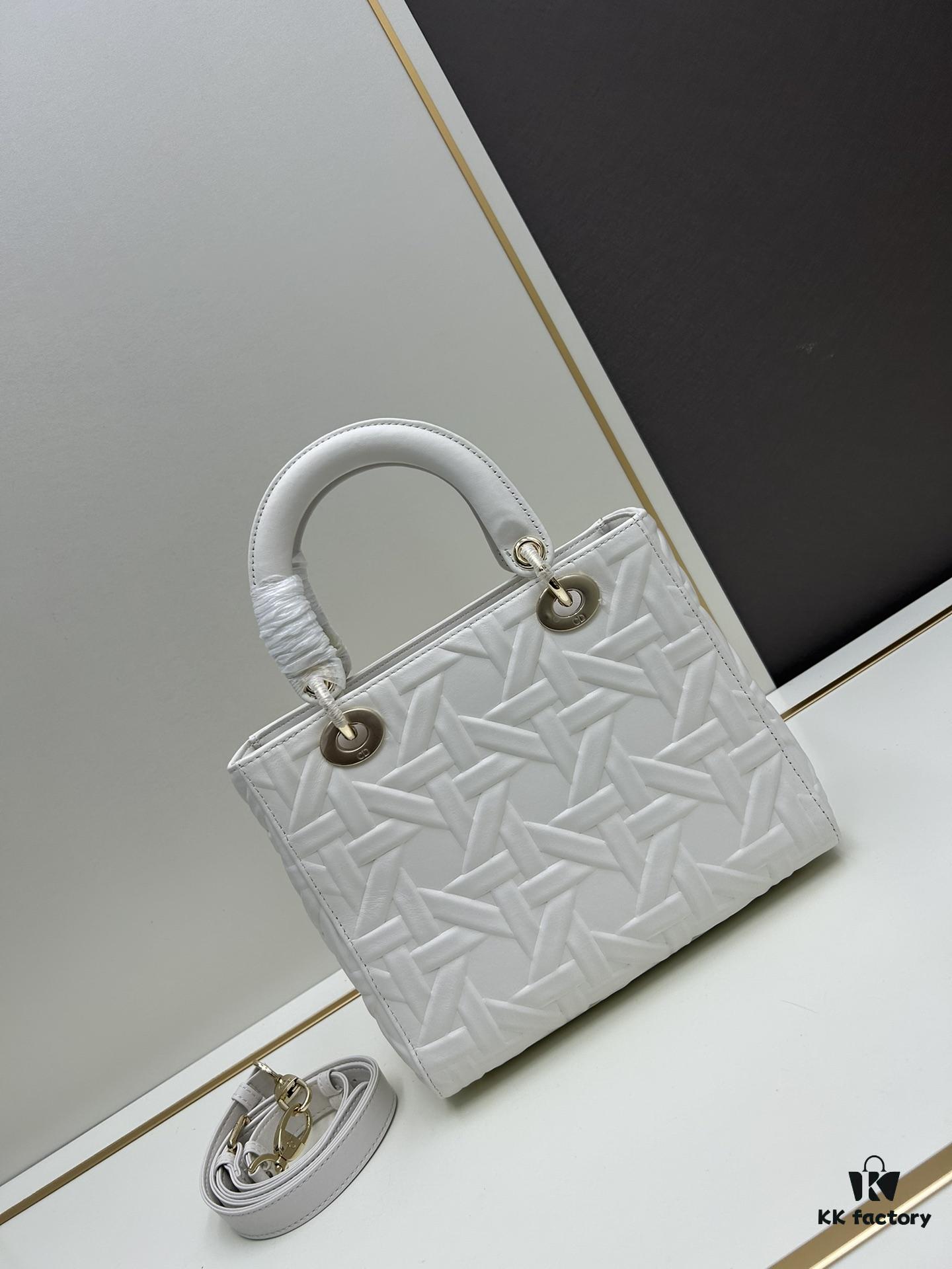 Dior Lady Dior Top-Grade Original Leather Quilted Handbag in Black Embossed Chevron Pattern