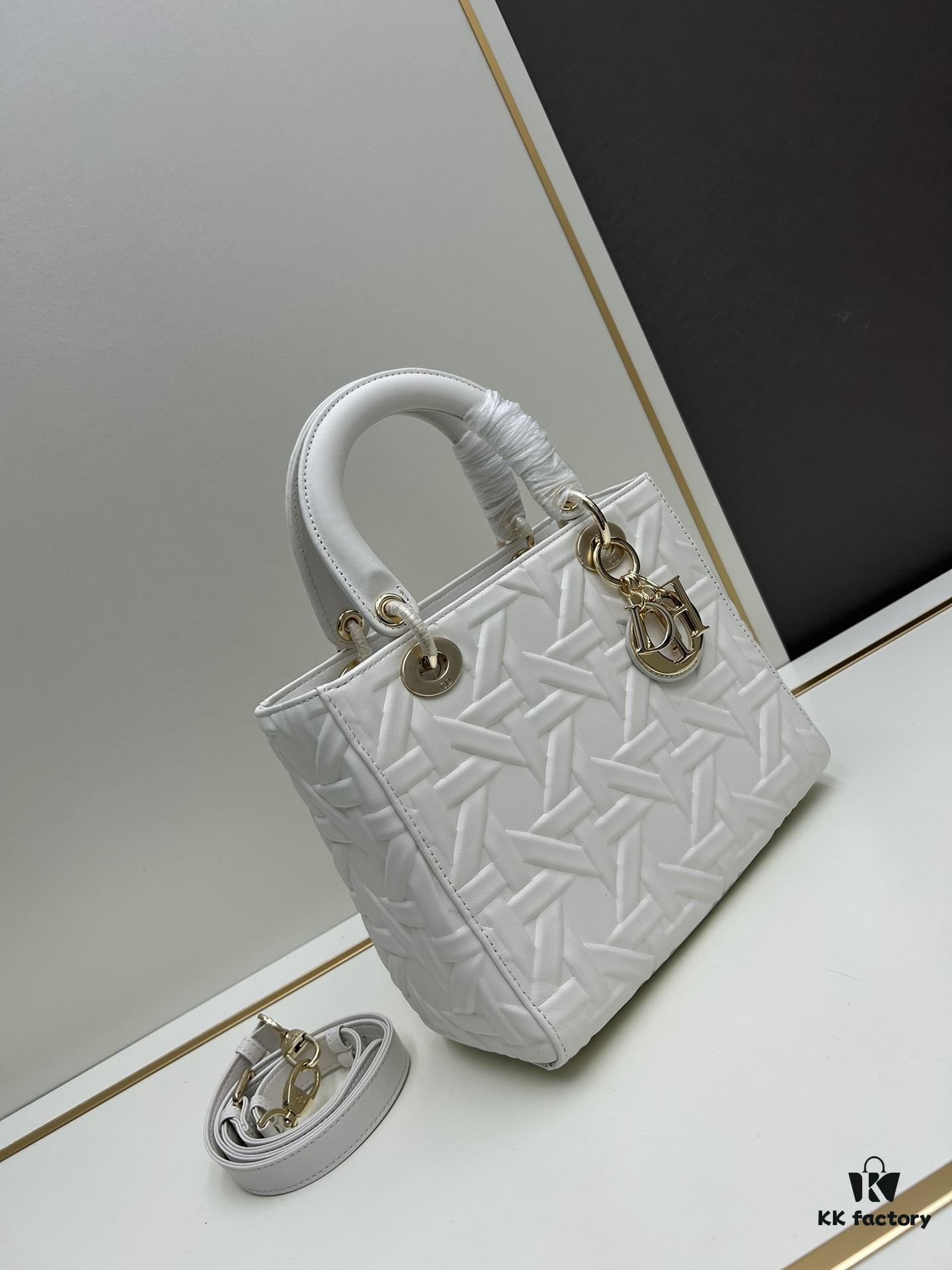 Dior Lady Dior Top-Grade Original Leather Quilted Handbag in Black Embossed Chevron Pattern