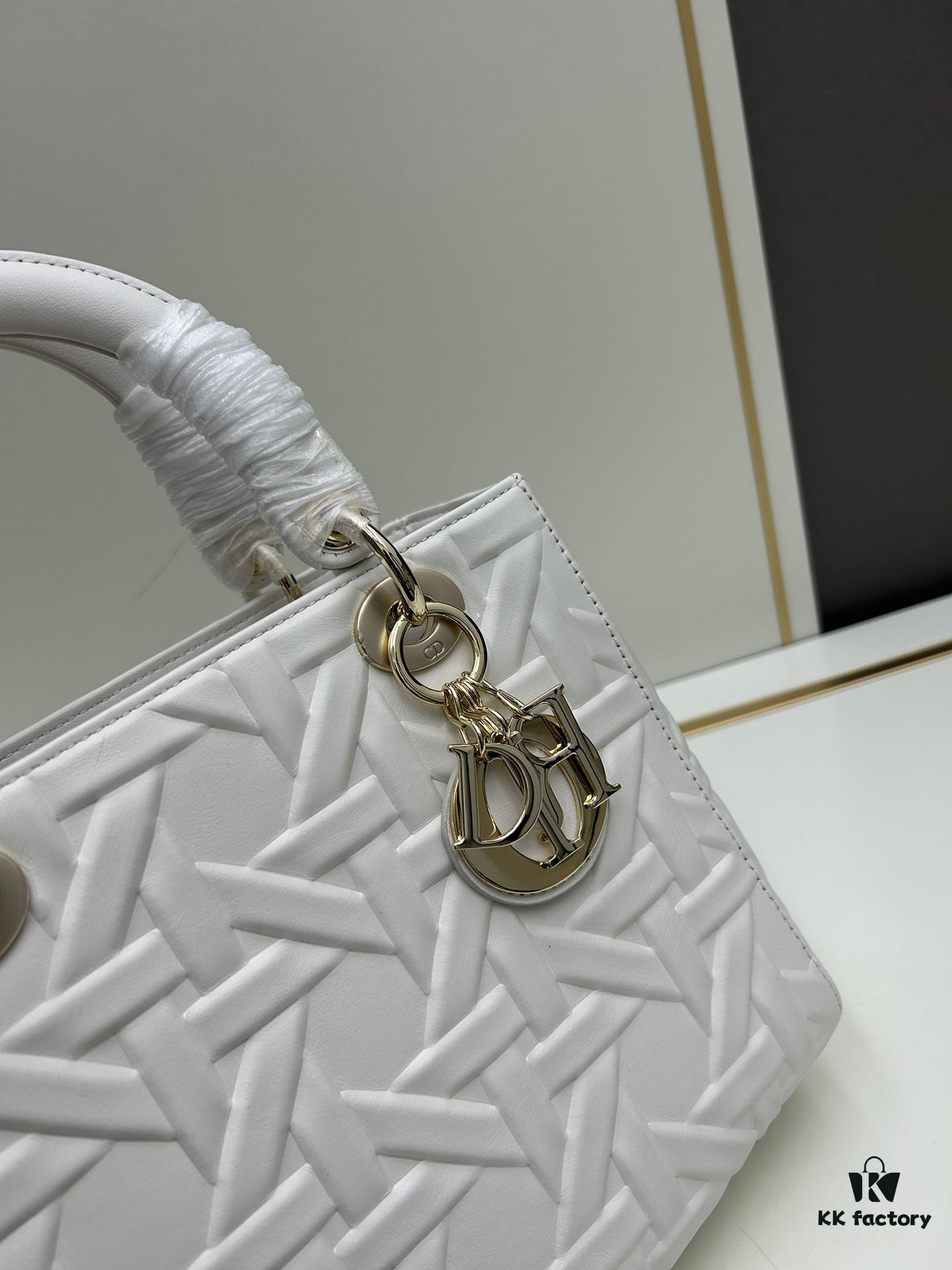 Dior Lady Dior Top-Grade Original Leather Quilted Handbag in Black Embossed Chevron Pattern