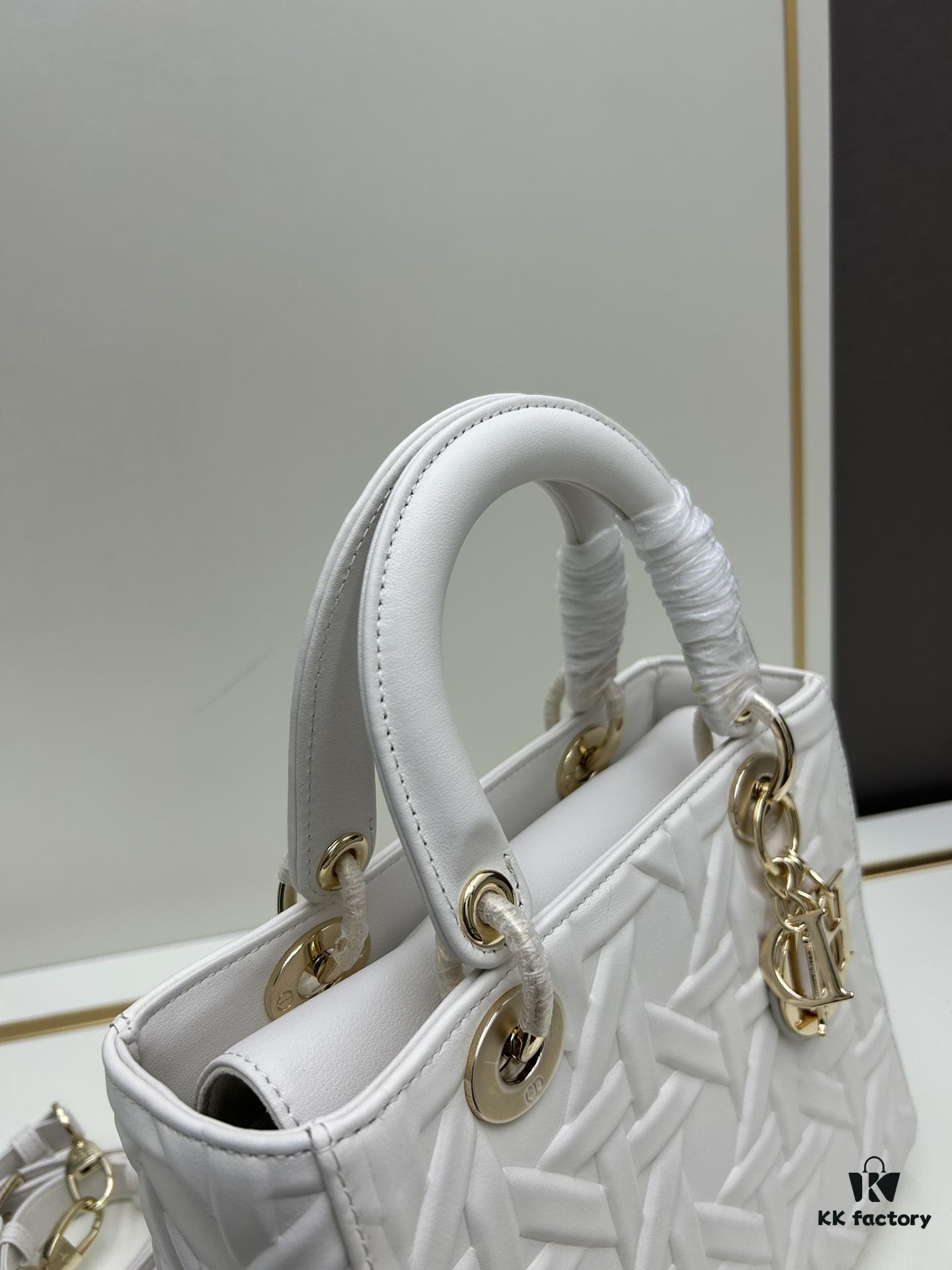 Dior Lady Dior Top-Grade Original Leather Quilted Handbag in Black Embossed Chevron Pattern