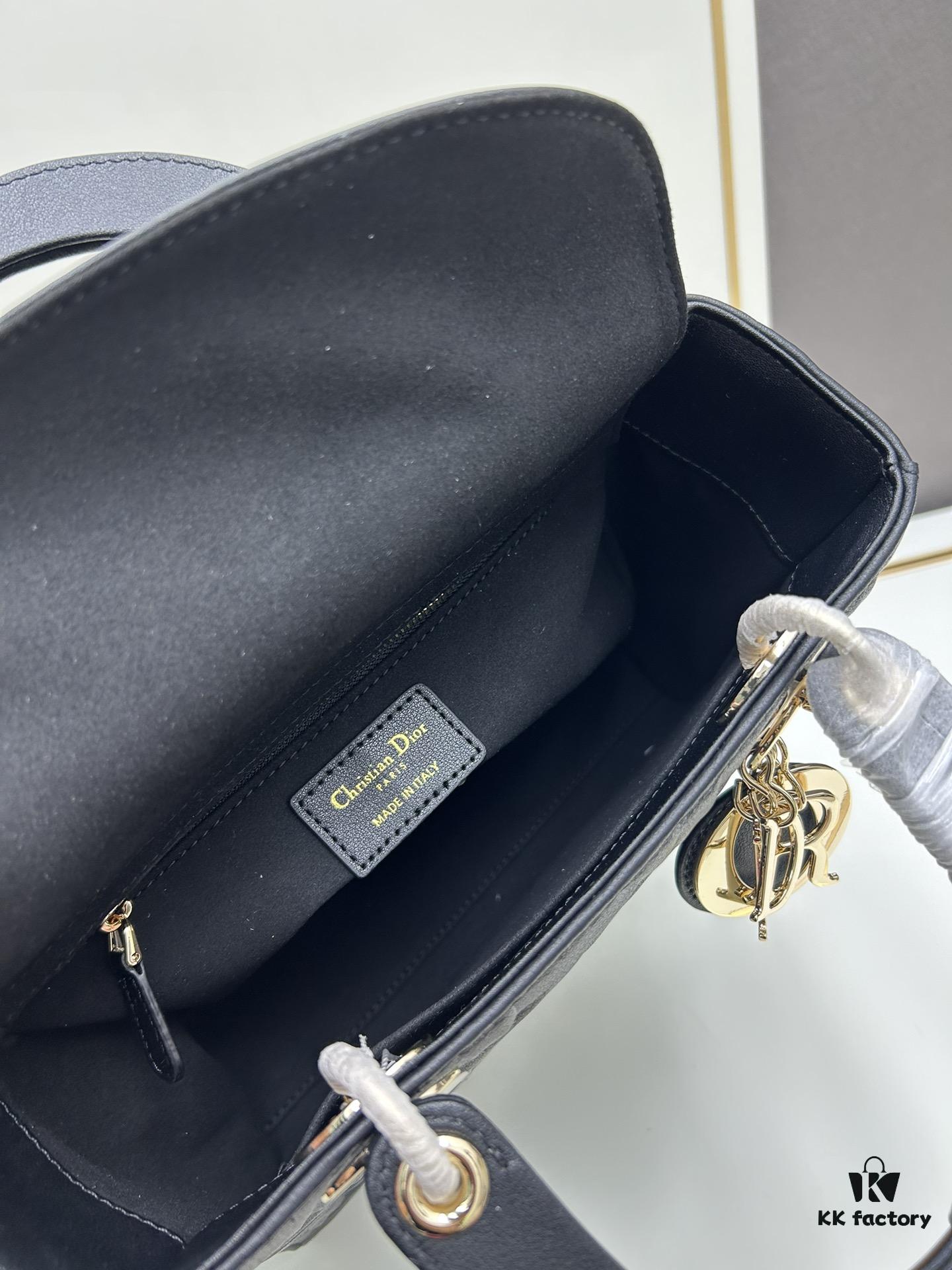 Dior Lady Dior Top-Grade Original Leather Quilted Handbag in Black Embossed Chevron Pattern