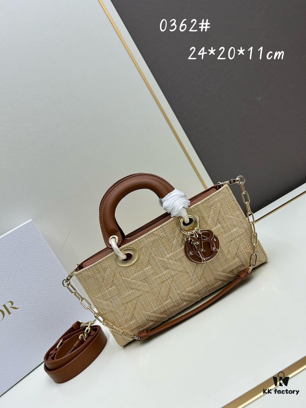 Dior Lady Dior Top-Grade Original Leather Five-Grid Handbag in Denim and Raffia Mat with Cannage Quilting