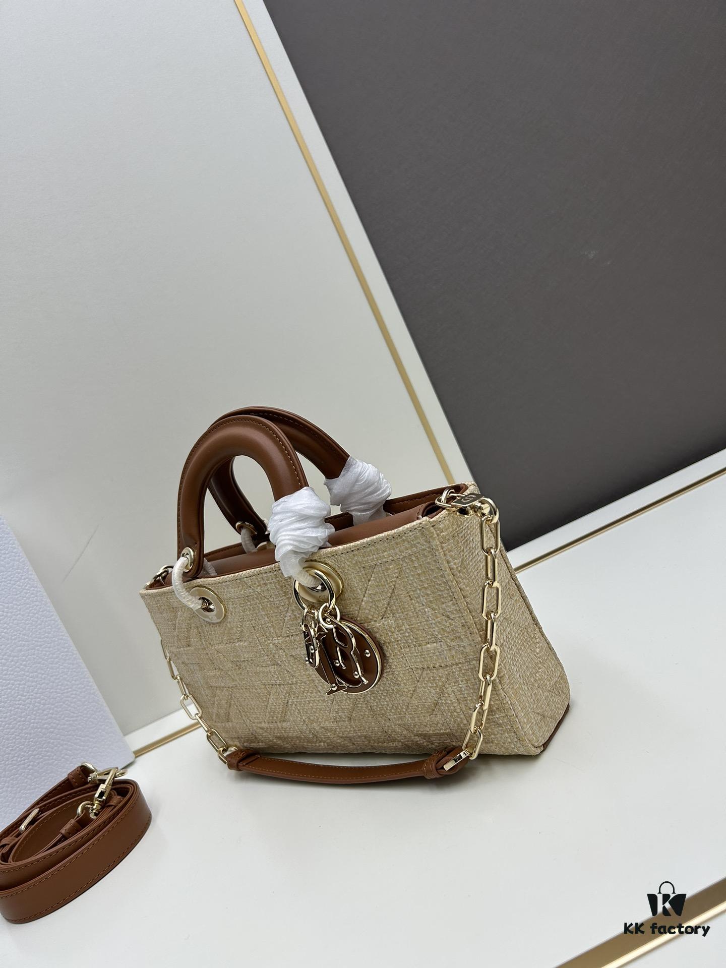 Dior Lady Dior Top-Grade Original Leather Five-Grid Handbag in Denim and Raffia Mat with Cannage Quilting