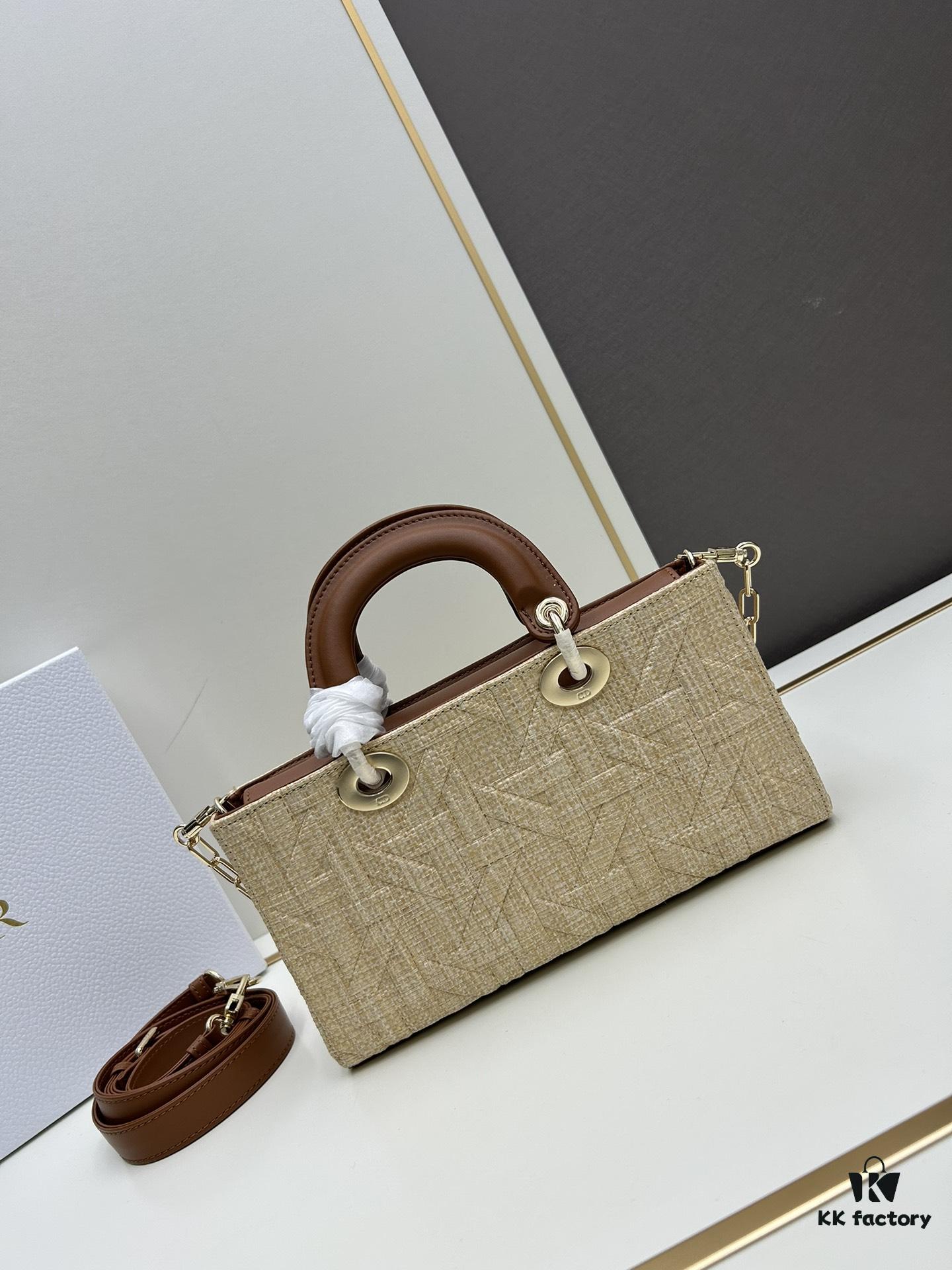 Dior Lady Dior Top-Grade Original Leather Five-Grid Handbag in Denim and Raffia Mat with Cannage Quilting