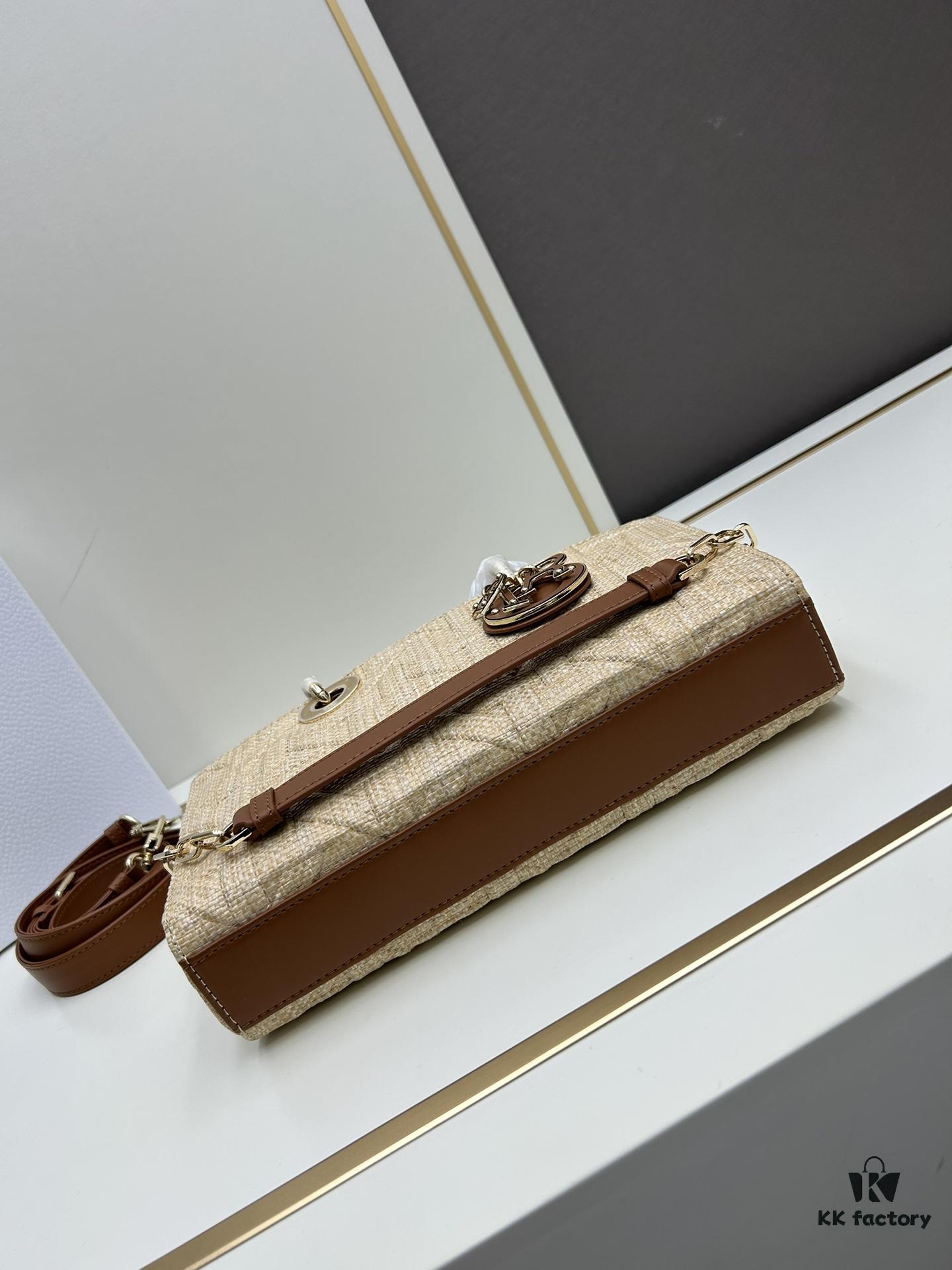 Dior Lady Dior Top-Grade Original Leather Five-Grid Handbag in Denim and Raffia Mat with Cannage Quilting