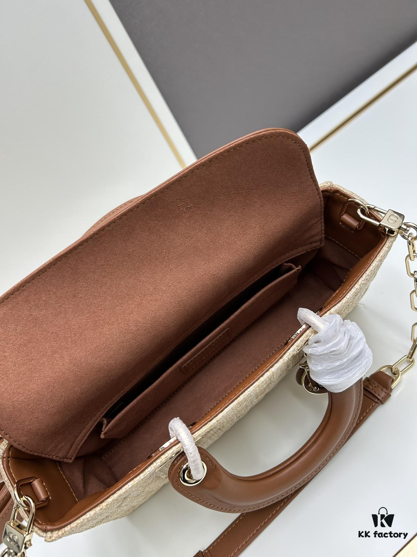 Dior Lady Dior Top-Grade Original Leather Five-Grid Handbag in Denim and Raffia Mat with Cannage Quilting