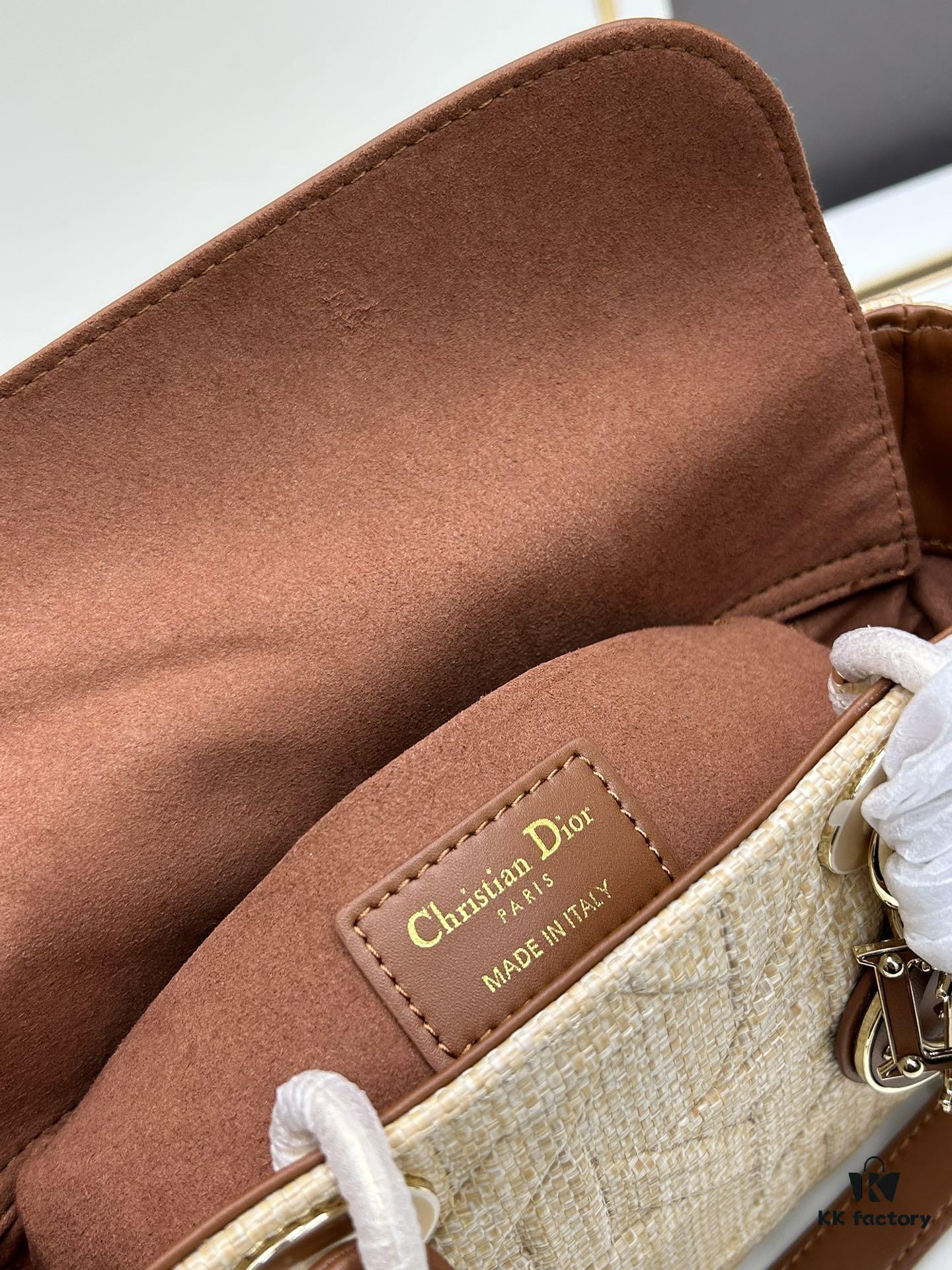 Dior Lady Dior Top-Grade Original Leather Five-Grid Handbag in Denim and Raffia Mat with Cannage Quilting