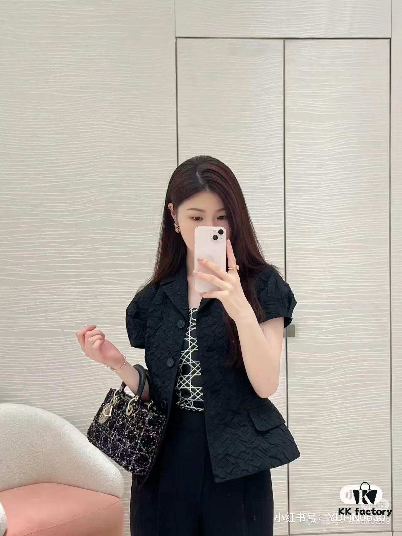 Ilady Dio.r Coarse Houndstooth Black Canvas and Leather Handbag with Adjustable Strap