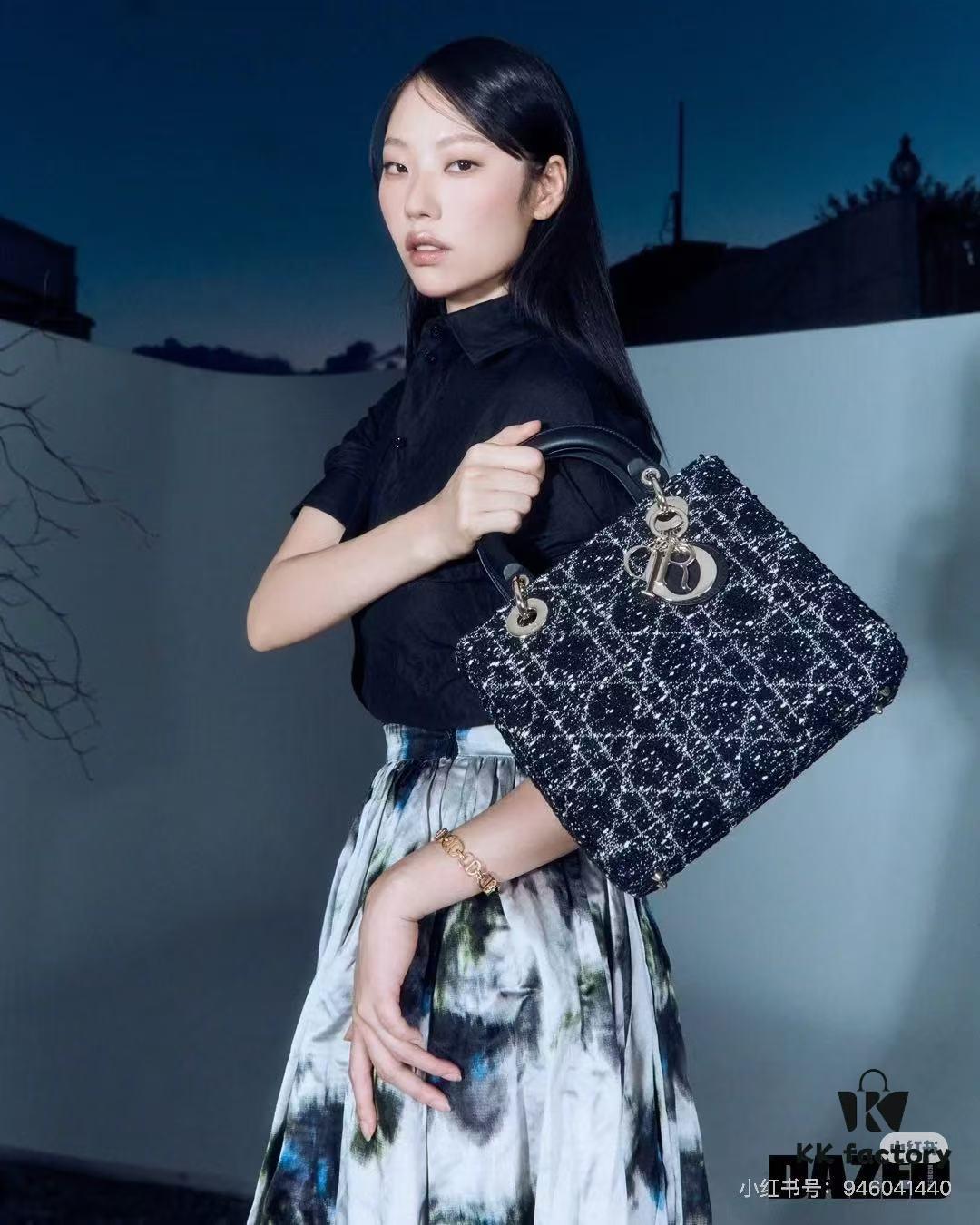 Ilady Dio.r Coarse Houndstooth Black Canvas and Leather Handbag with Adjustable Strap